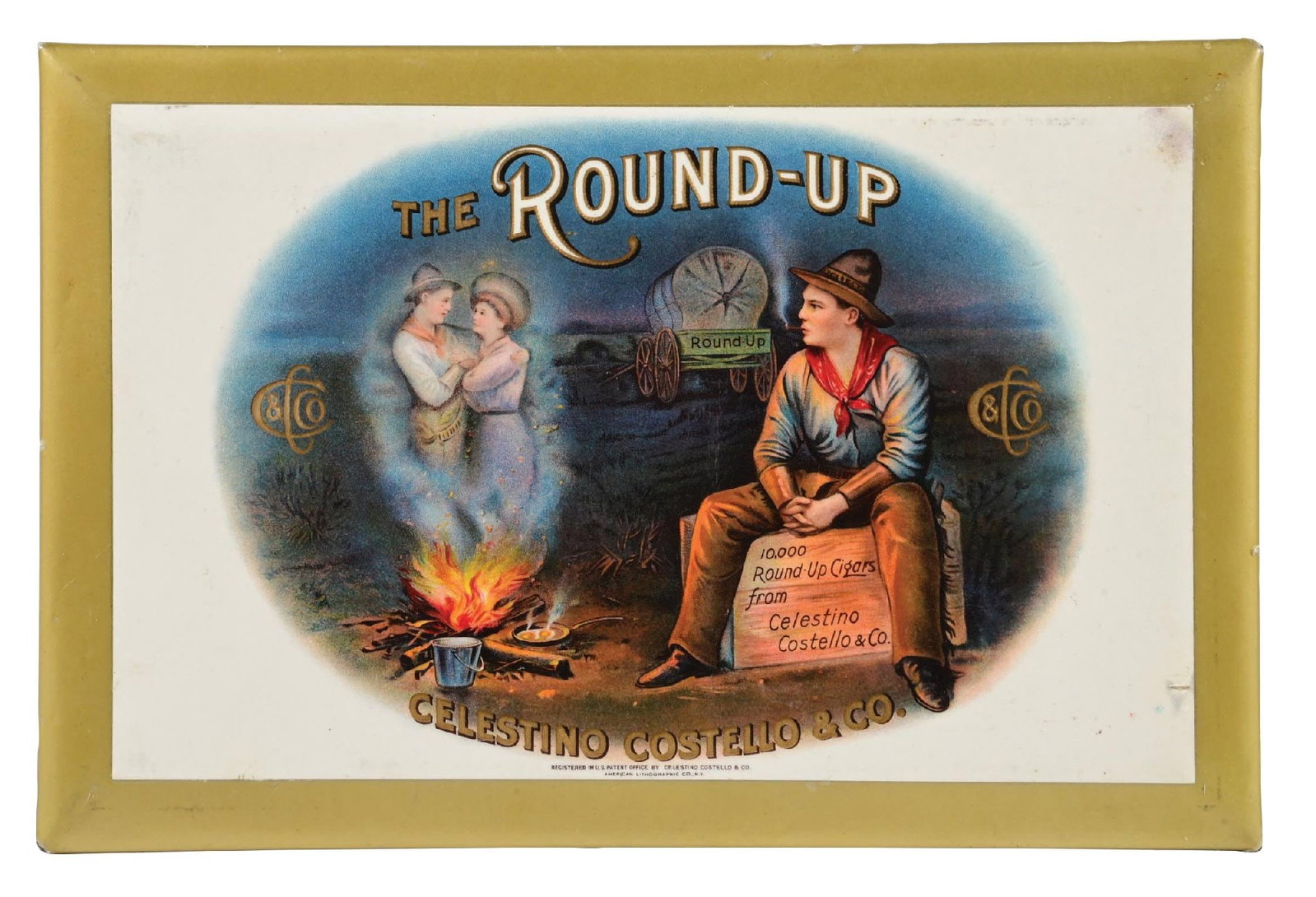 THE ROUND UP CIGAR CELLULOID SIGN: Single-Sided. CONDITION: Excellent color and shine with outstanding Cowboy graphic. Light areas of wear on the surface with minimal wear along the outer edges. Showing original string hanger attachmen