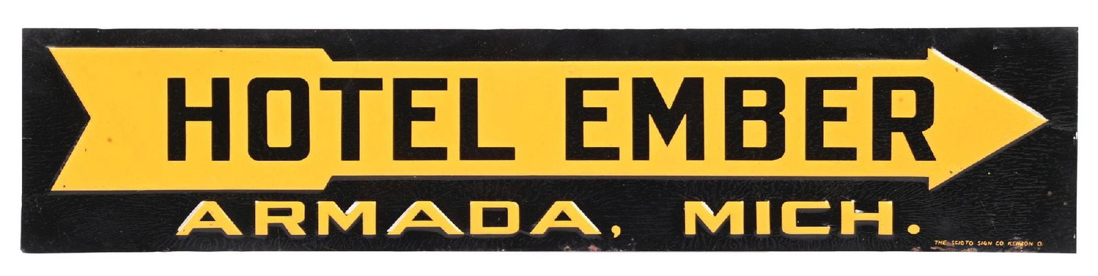 HOTEL EMBER ARMADA MICHIGAN EMBOSSED TIN DIRECTIONAL STRIP SIGN (1 of 3)