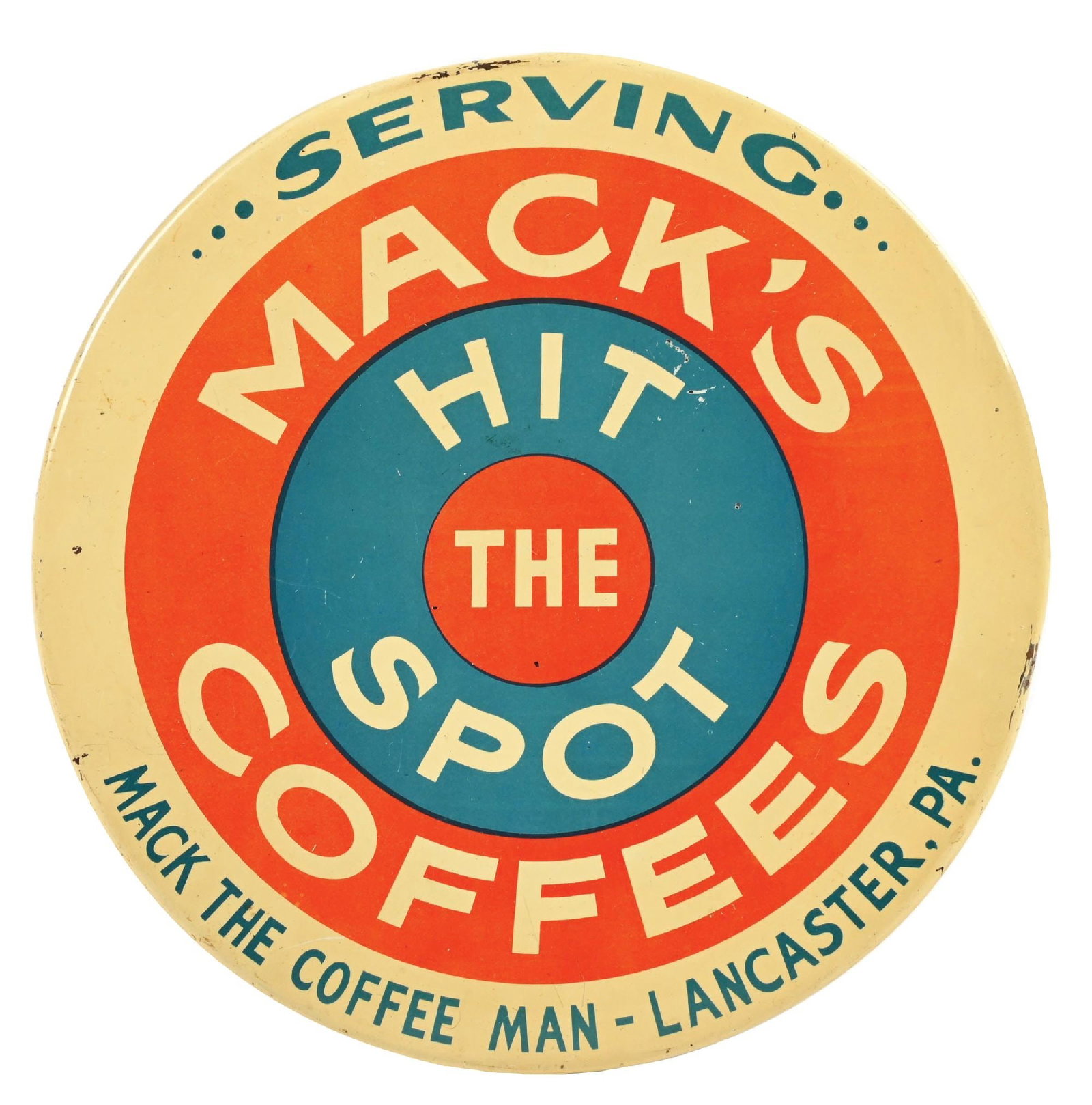 MACK'S COFFEE TIN OVER CARDBOARD SIGN (1 of 2)
