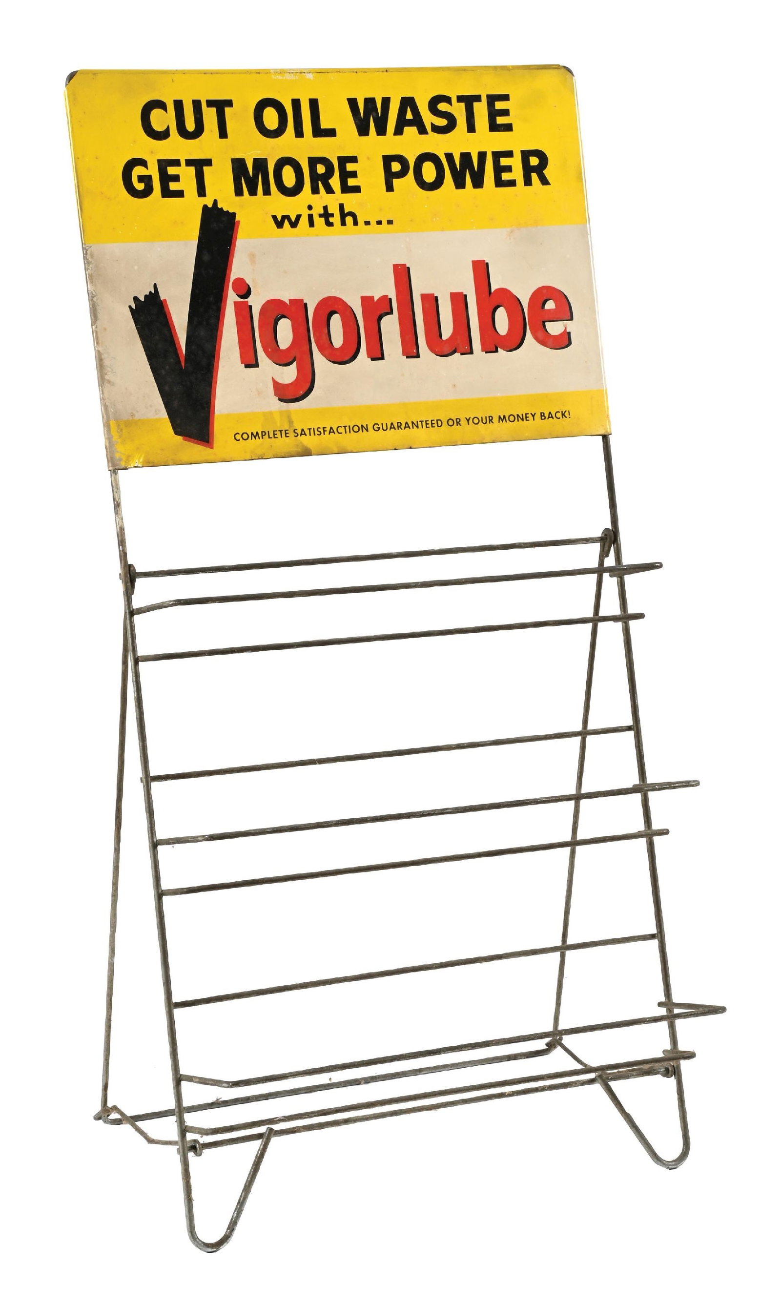 VIGORLUBE TIN STORE DISPLAY W/ ORIGINAL RACKING: SST. CONDITION: Sign showing very good color and gloss with minor areas of dirt spotting and surface scratches. Light paint wear along the outer edges. Sign is mounted to the original racking, which s