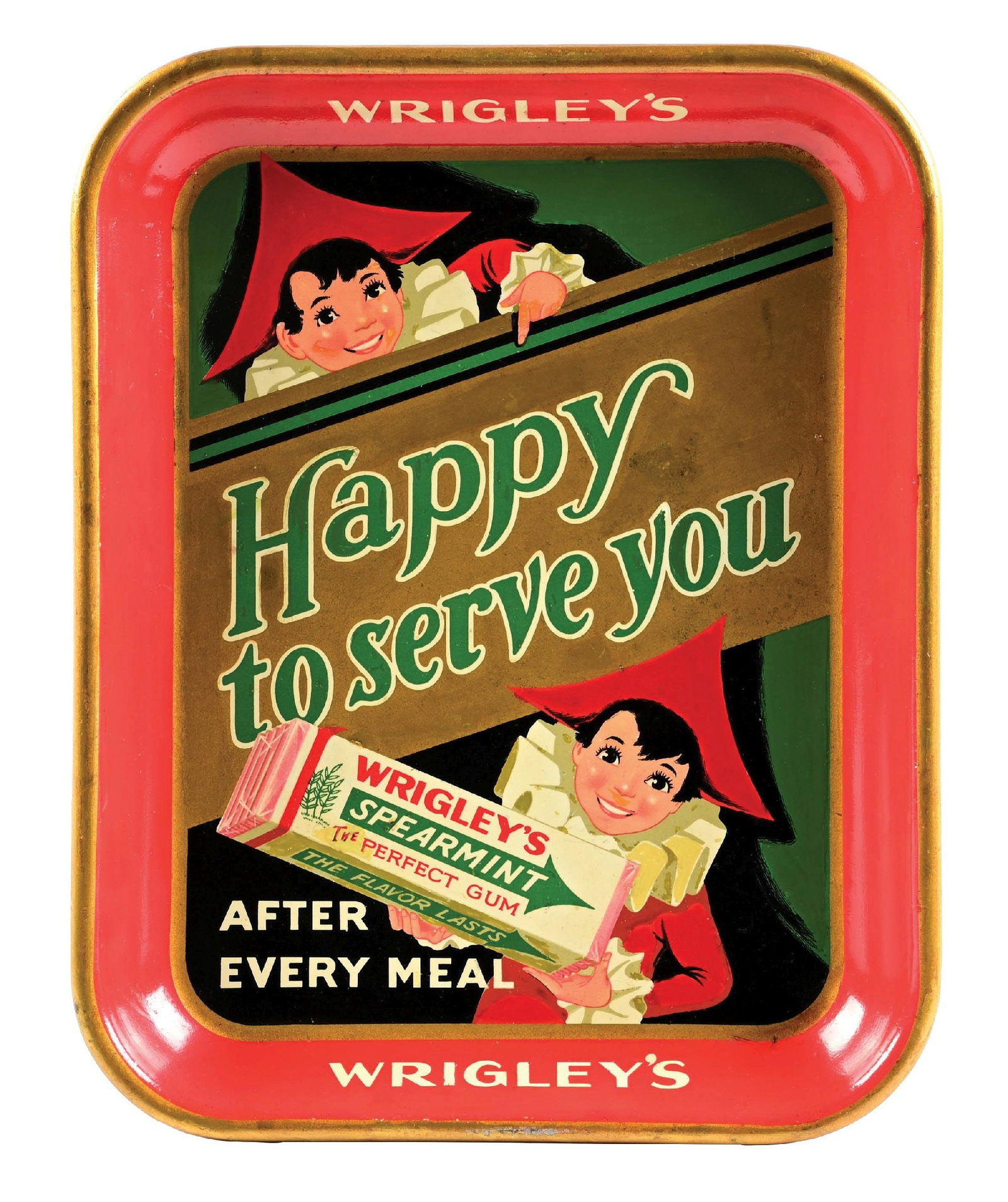 WRIGLEY'S SPEARMINT GUM "HAPPY TO SERVE YOU" TIN ADVERTISING TRAY (1 of 2)