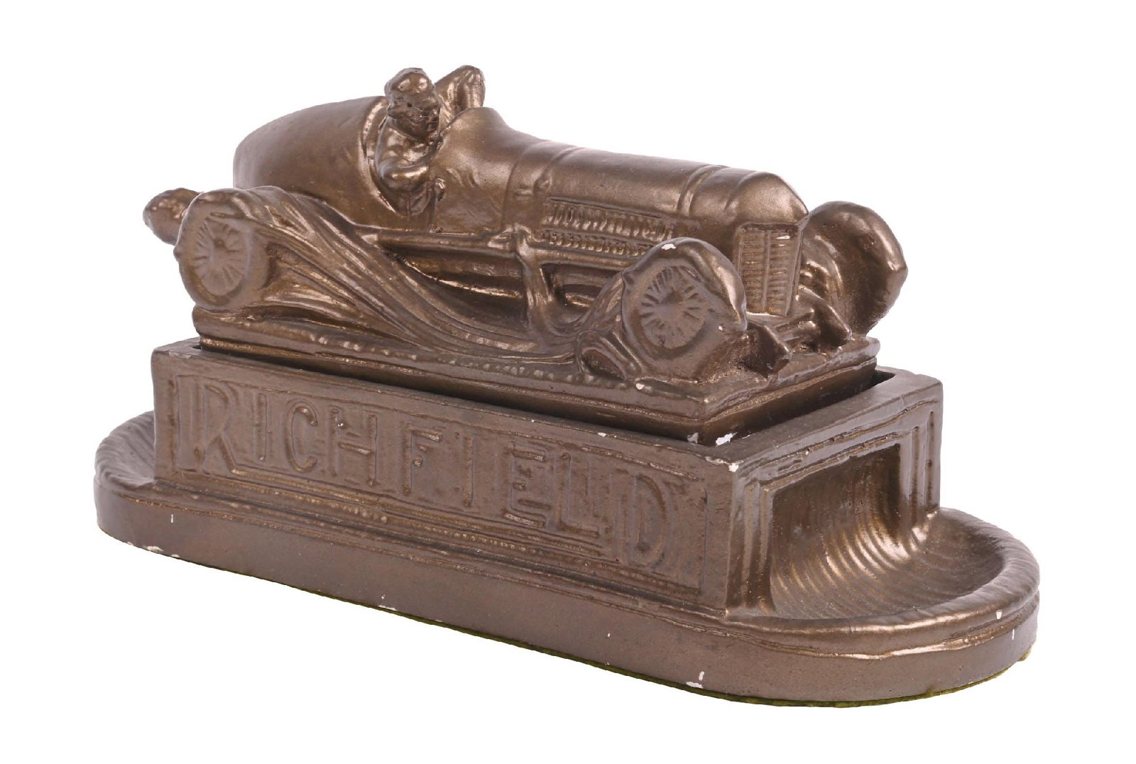 RICHFIELD OIL COMPANY CIGARETTE BOX WITH DUAL ASHTRAYS: Contemporary reproduction. CONDITION: Showing excellent condition surface with light surface wear. Showing excellent detailed Race Car topper. Felt pad at the bottom in very good condition. Condition: