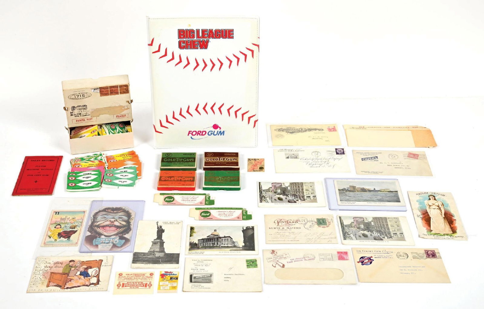 COLLECTION OF VARIOUS CHEWING GUM MEMORABILIA: Consisting of some trade cards and letterhead, several Gold Tip gum boxes, and a Big League Chew folder. Condition: (7.5 - 8.5). Dimensions: Largest: 12-1/4" x 9-1/2"
