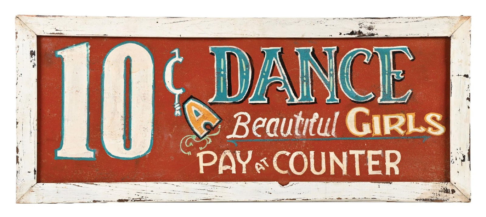 10¢ DANCE "A BEAUTIFUL GIRLS PAY AT COUNTER" PAINTED TIN SIGN IN WOOD FRAME (1 of 2)