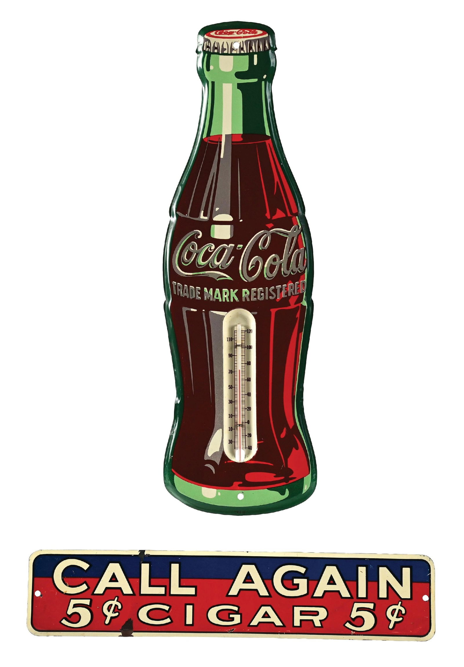 COLLECTION OF 2: CALL AGAIN 5¢ CIGAR SIGN & COCA-COLA THERMOMETER (1 of 2)