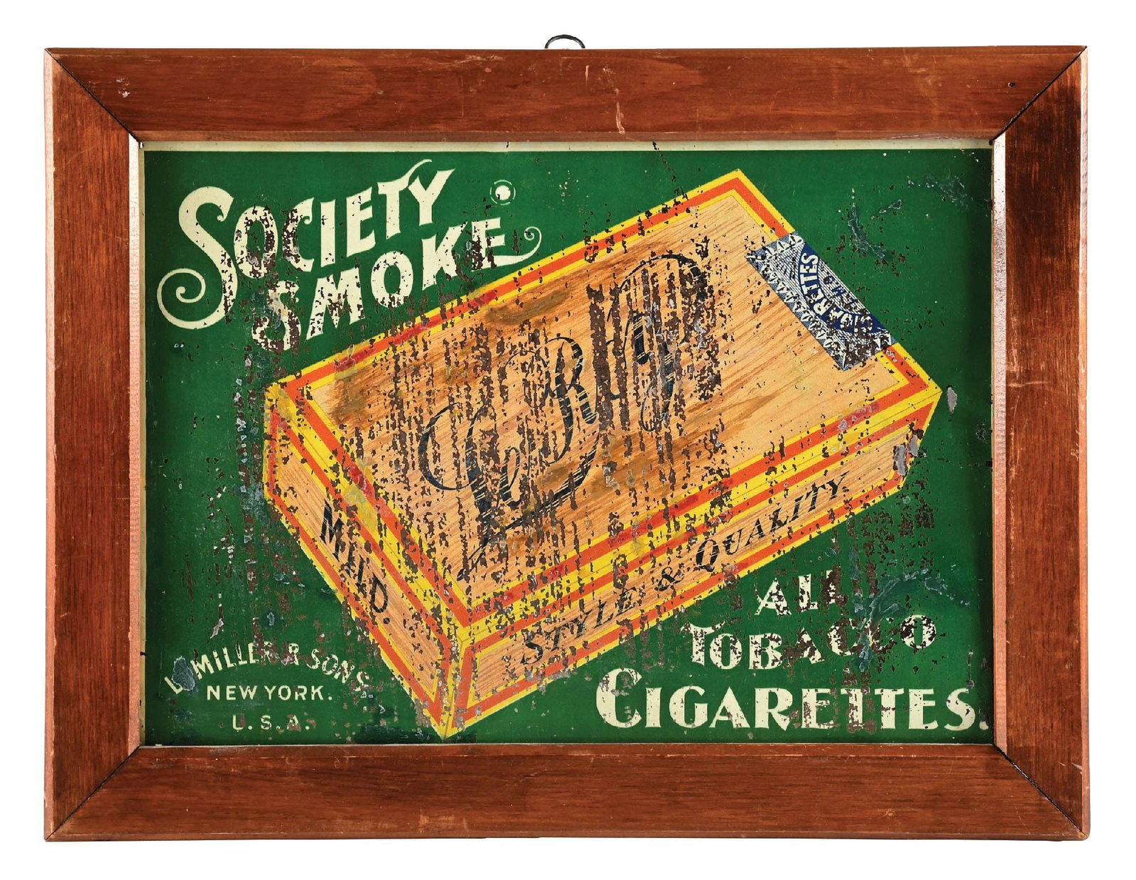 SOCIETY SMOKE CIGARETTES FRAMED TIN SIGN (1 of 3)