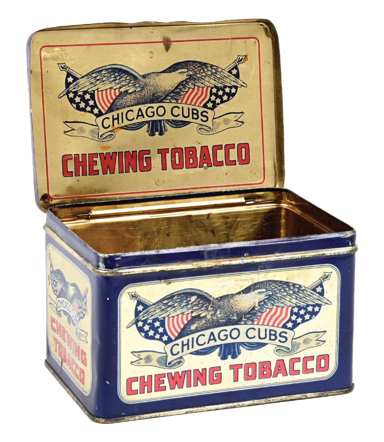 SELDOM-SEEN CHICAGO CUBS CHEWING TOBACCO TIN: CONDITION: Good paint overall, with areas of scuffs and scrapes, a light dent to the lid, with some oxidation to the unpainted surfaces. Condition: (8.0). Dimensions: 6 - 3/8" x 4 - 3/8" x 4".