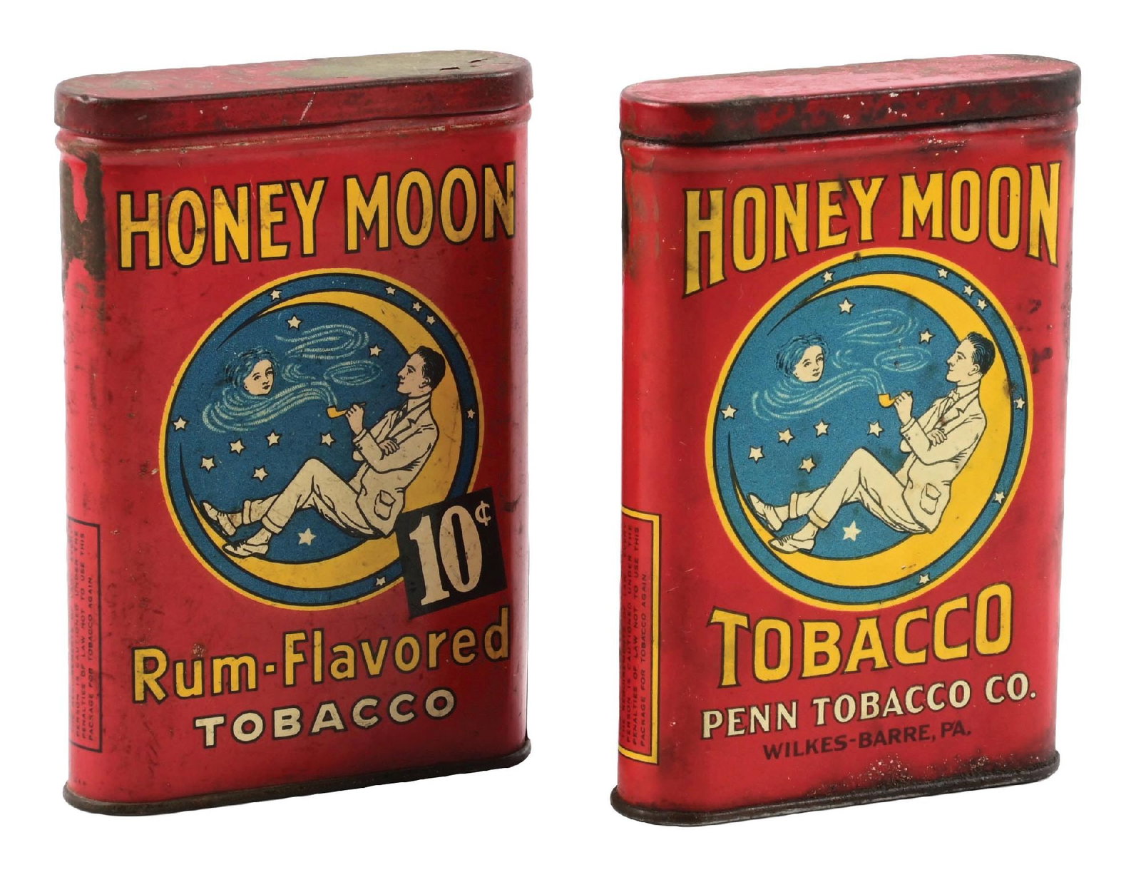PAIR OF HONEY MOON TOBACCO TINS: CONDITION: (A) It shows moderate wear overall, areas of missing paint, some surface rust, and no partial tax stamp. (B) A rum-flavored tin. It shows good color and shine, very light remnants of a tax 