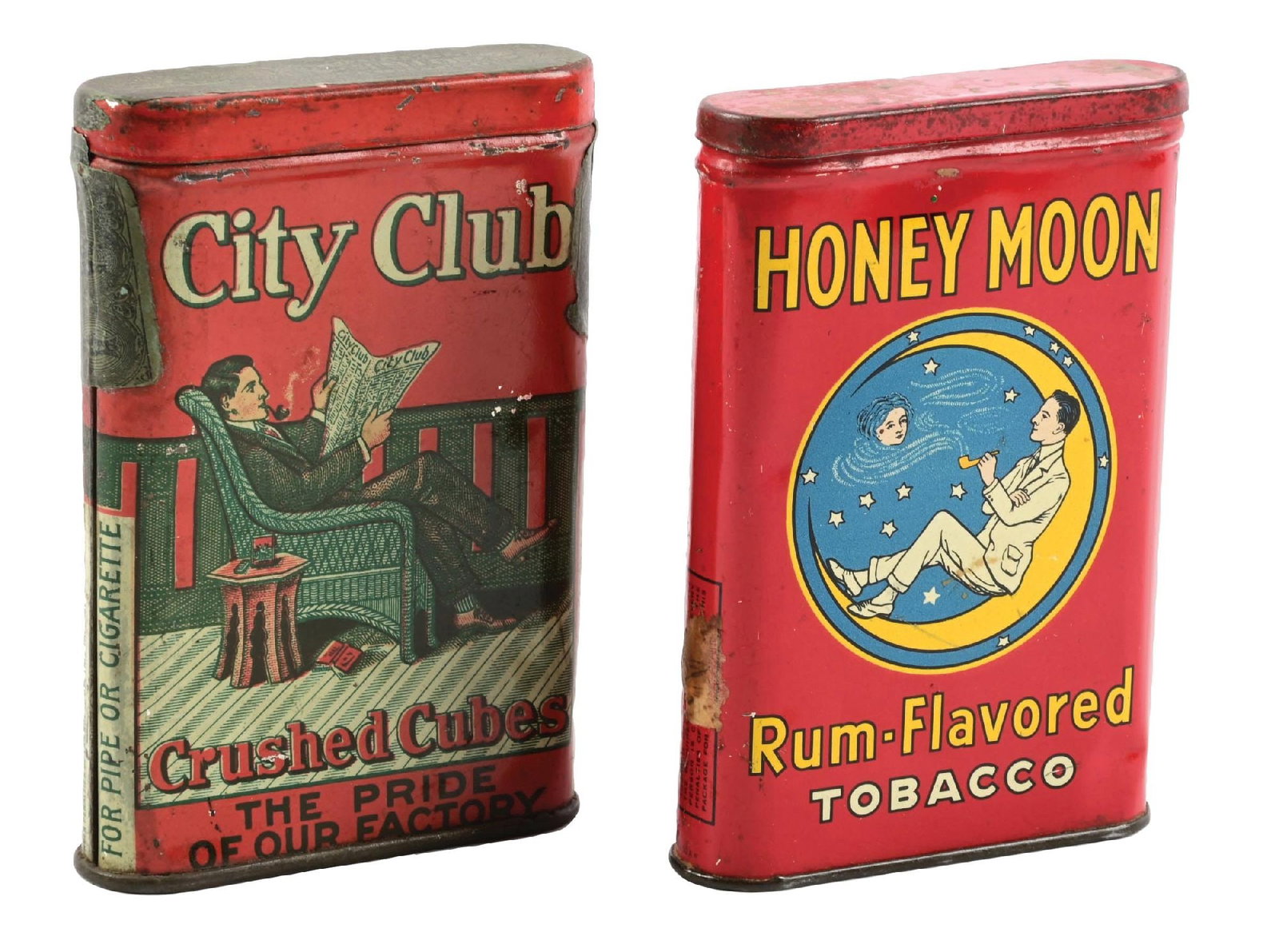 PAIR OF POCKET TOBACCO TINS: CONDITION: (A) City Club tobacco tin showing moderate color and shine, partial tax stamp, light scuffs and scrapes overall. (8.0). (B) Honeymoon Rum flavored tobacco tin showing good color and shine, 