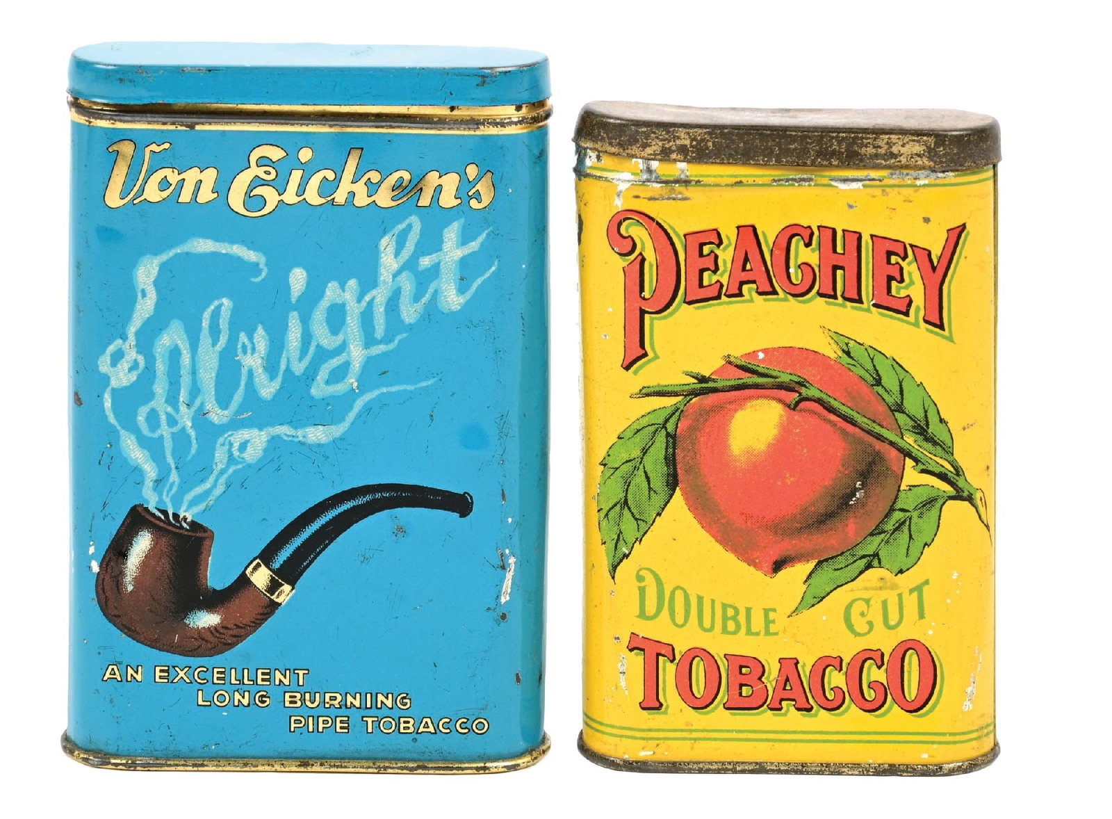 PAIR OF POCKET TOBACCO TINS: CONDITION: (A) Von Eicken's tobacco tin showing good color and shine, light wear overall, with some light scuffs and scrapes, primarily to the lid. No tax stamp. (8.5). (B) Peachey tobacco tin showing