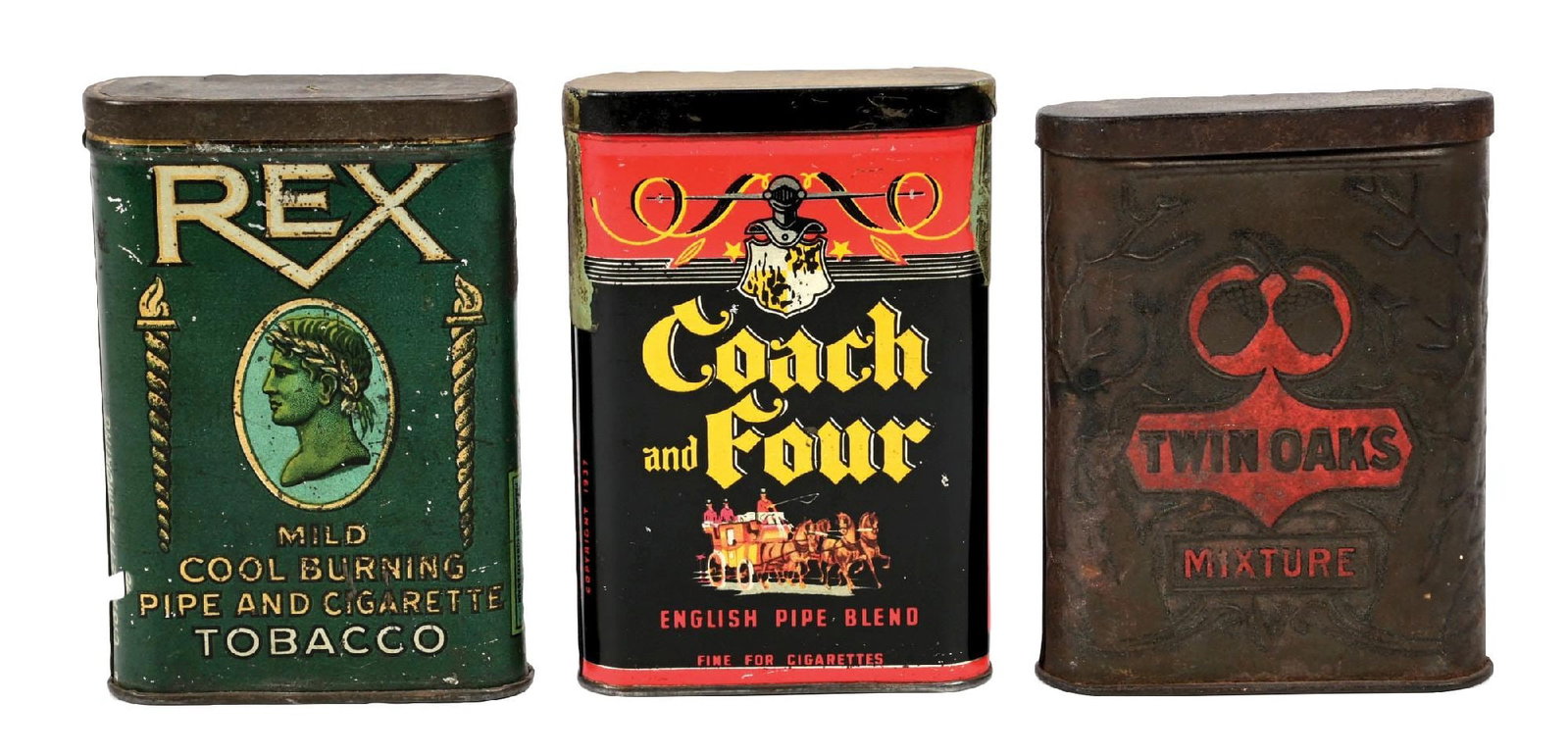 COLLECTION OF 3: POCKET TOBACCO TINS: CONDITION: (A) A Twin Oak Mixture. (B) A Coach of Four. (C) A Rex Tobacco tin. All show moderate wear overall, areas of missing paint, oxidation, some light surface rust, scuffs and scrapes throughout