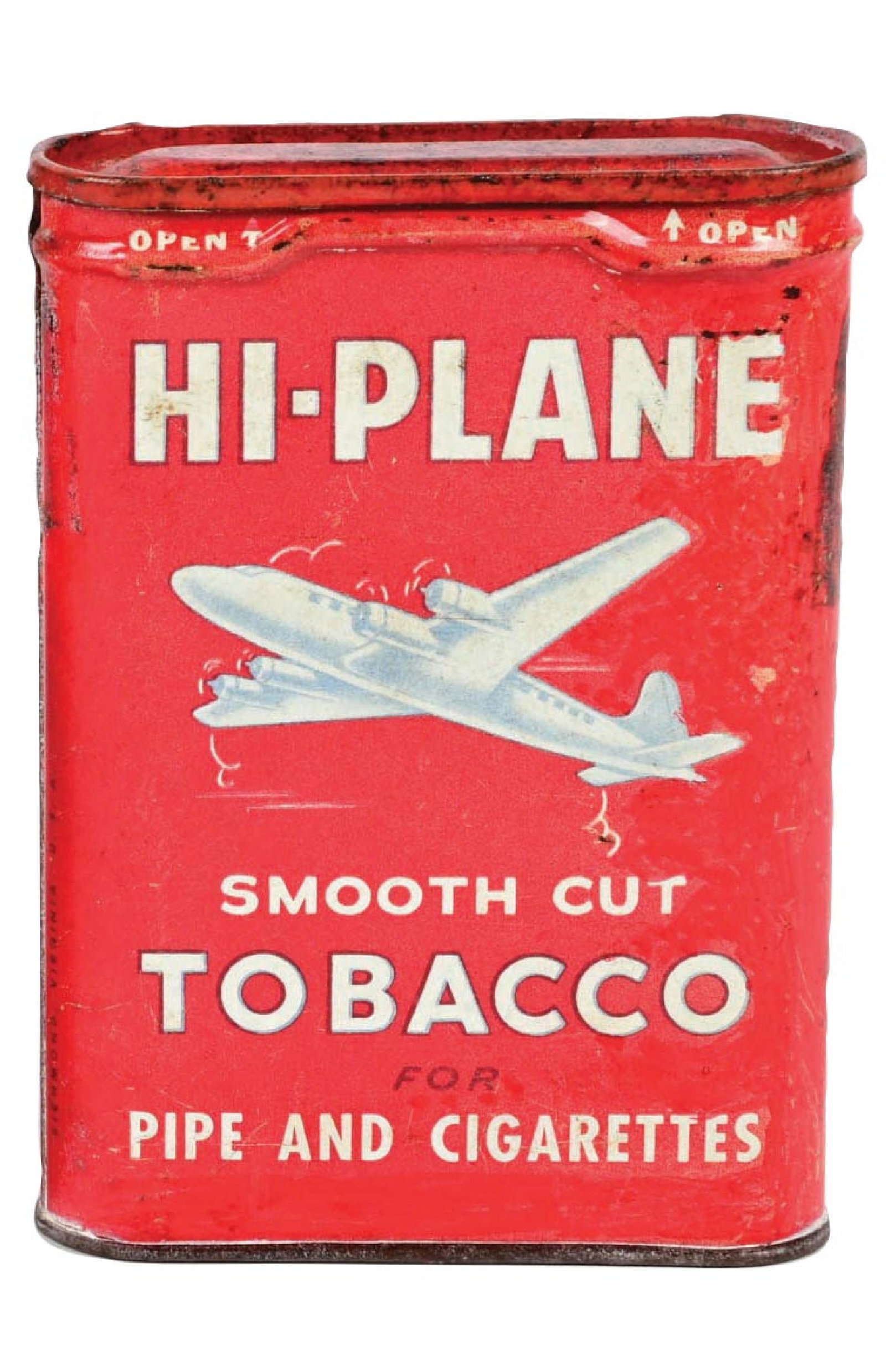 FOUR ENGINE HI-PLANE SMOOTH CUT TOBACCO TIN: CONDITION: Showing light to moderate wear overall, some color and shine, areas of missing paint, scuffs and scrapes throughout. Condition: (8.0). Dimensions: 4 - 1/2" x 3" x 7/8".