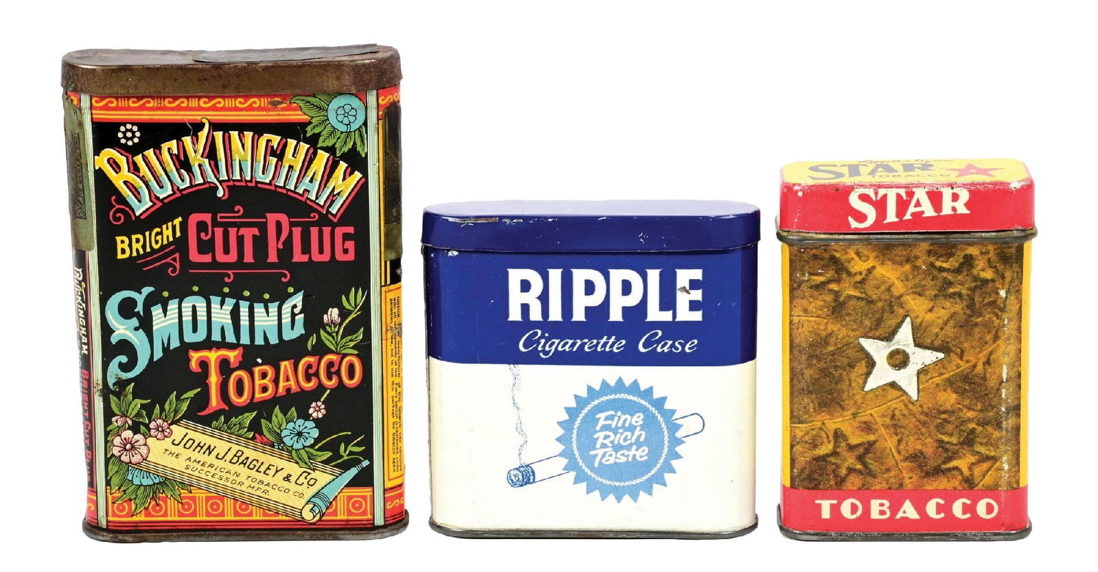 COLLECTION OF 3: TOBACCO POCKET TINS: CONDITION: (A) A Ripple Cigarette case. (B) A Star Tobacco bucket tin. (C) A Buckingham cut plug smoking tobacco tin. All show light scuffs, scrapes, good color, and moderate wear overall. Condition: 