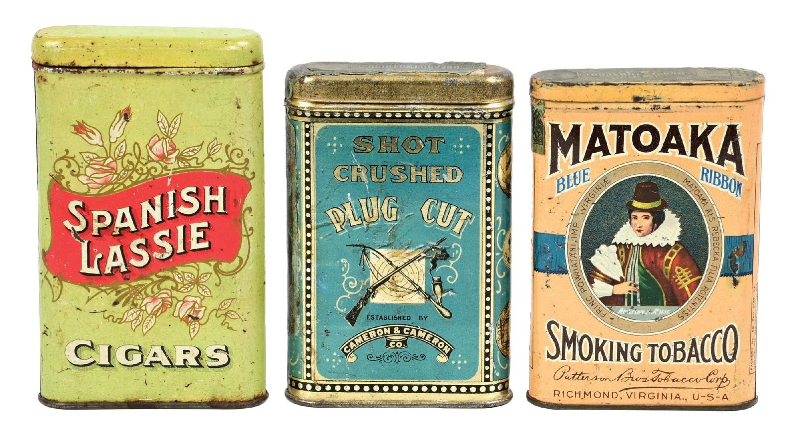 COLLECTION OF 3: POCKET TOBACCO TINS: CONDITION: (A) A Matoaka Blue Ribbon Smoking Tobacco. (B) A Shot Crushed Cut Plug Tobacco. (C) A Spanish Lasse pocket cigar tin. All show moderate to light wear overall, some color and shine, areas of