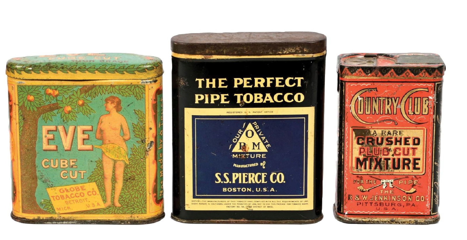 COLLECTION OF 3: POCKET TOBACCO TINS: CONDITION: (A) An Eve Cuba Cut Tobacco tin. (B) A Perfect Pipe Tobacco tin. (C) A Country Club Tobacco tin. All show light to moderate wear overall, some fading, scuffs and scrapes, as well as