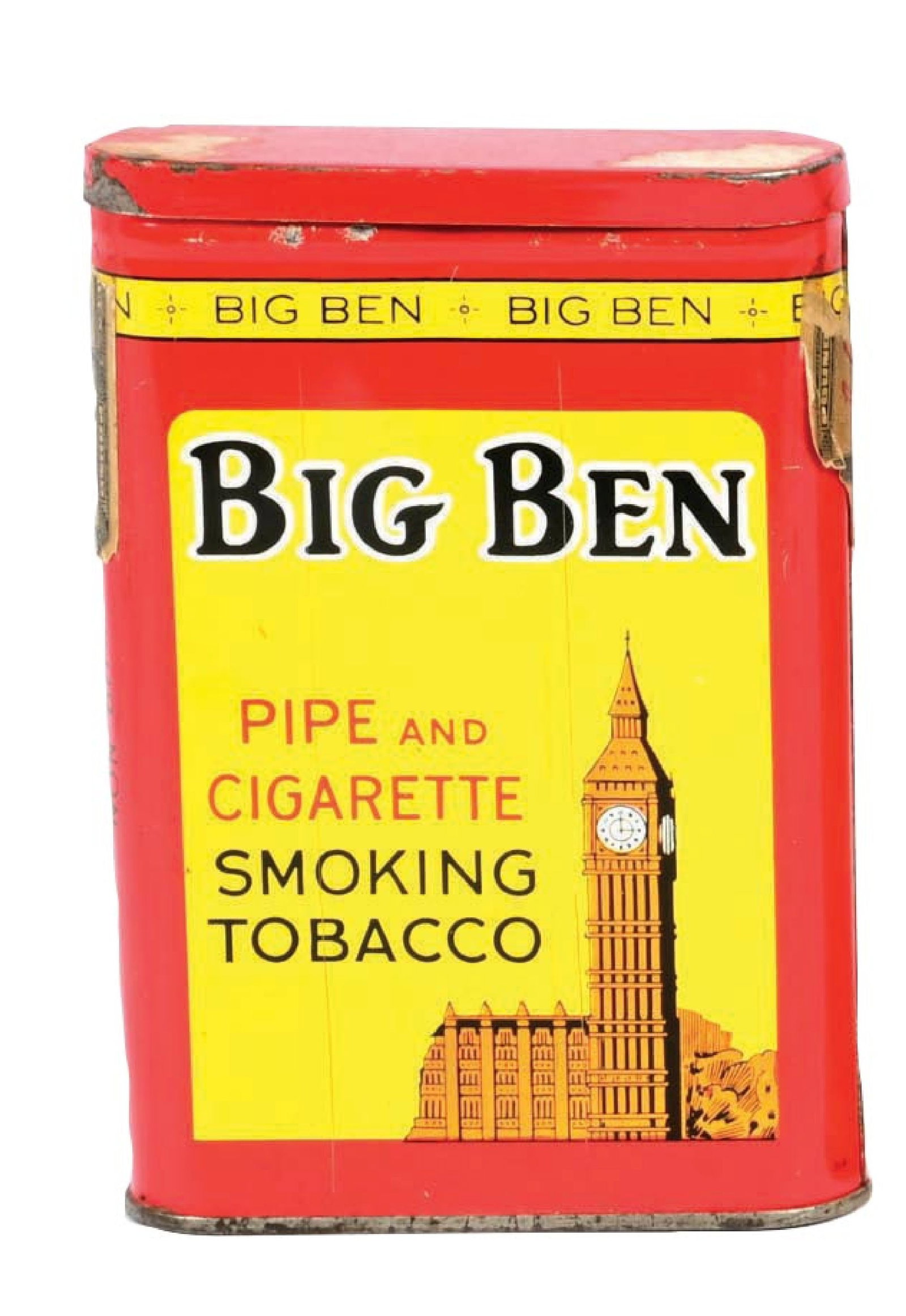 BIG BEN TOBACCO TIN: CONDITION: (A) A Big Ben Tobacco tin. Showing light to moderate wear overall, some fading, scuffs and scrapes.. Condition: (8.5). Dimensions: 4 - 1/2" x 3" x 7/8".