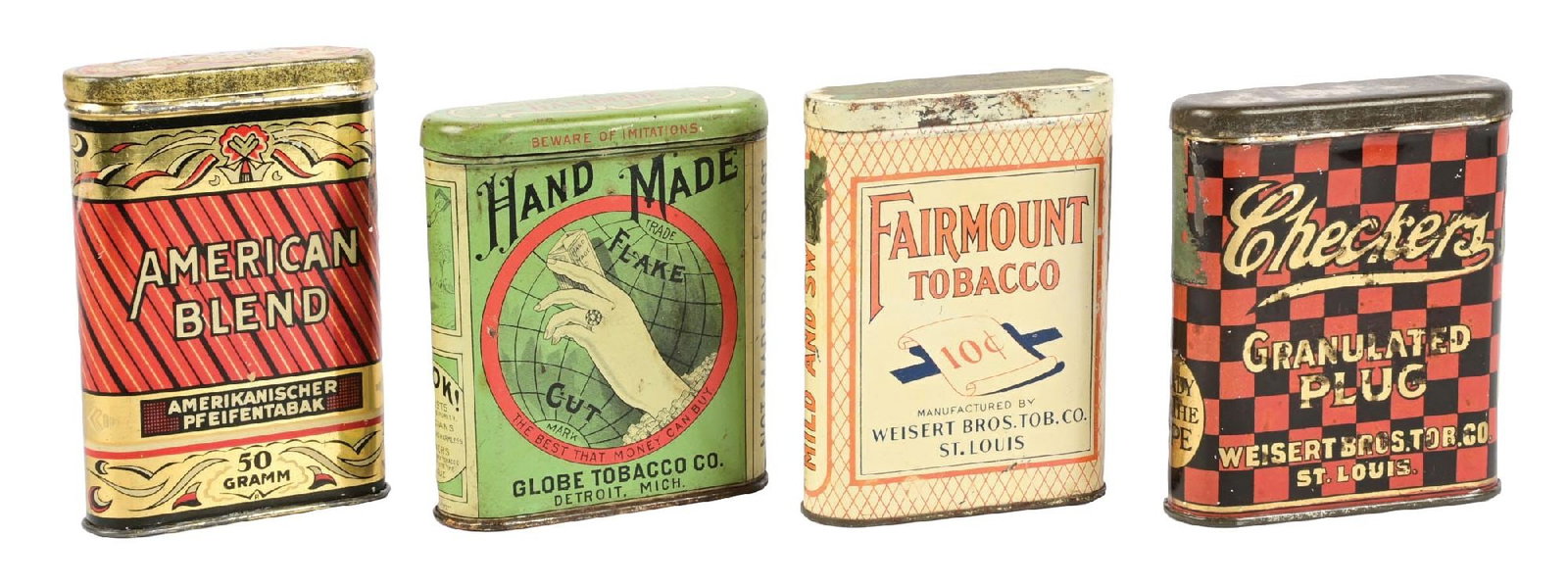 COLLECTION OF 4: VARIOUS TOBACCO TINS: Consisting of an American Blend, a Hand Made, a Fairmount, and a Checkers granulated plug tobacco tin. CONDITION: Light to moderate wear overall, with some color and shine, areas of missing paint,
