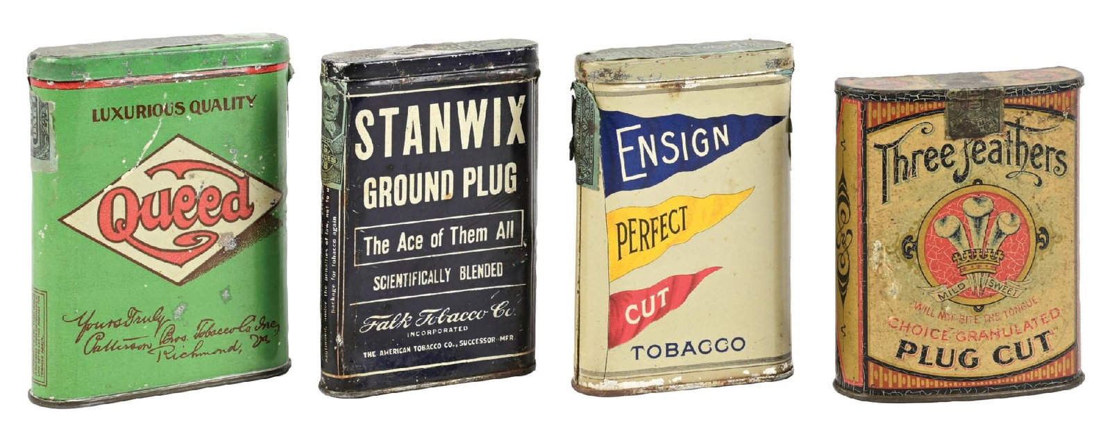 COLLECTION OF 4: POCKET TOBACCO TINS: Consisting of a Queed, Stanwick's ground plug, Ensign perfect cut, and a Three Feathers plug cut tobacco tin. CONDITION: Moderate to extensive wear overall, with areas of surface rust, light scuffs an