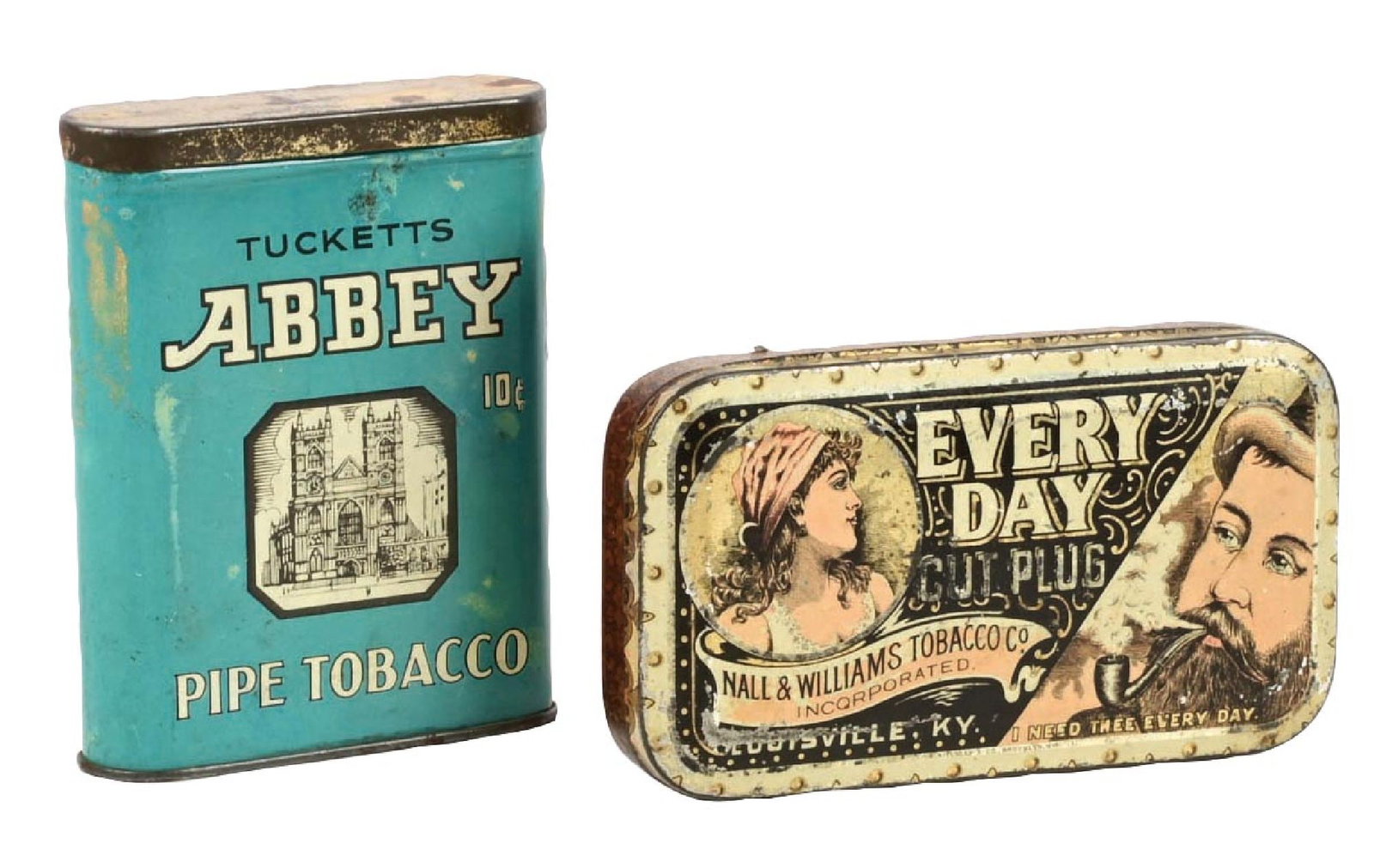COLLECTION OF 2: POCKET TOBACCO TINS: Consisting of a Tucketts Abbey and a Every Day flat top tobacco tin. CONDITION: Light to moderate wear overall with some color and shine, areas of missing paint, scuffs, and scrapes throughout, with