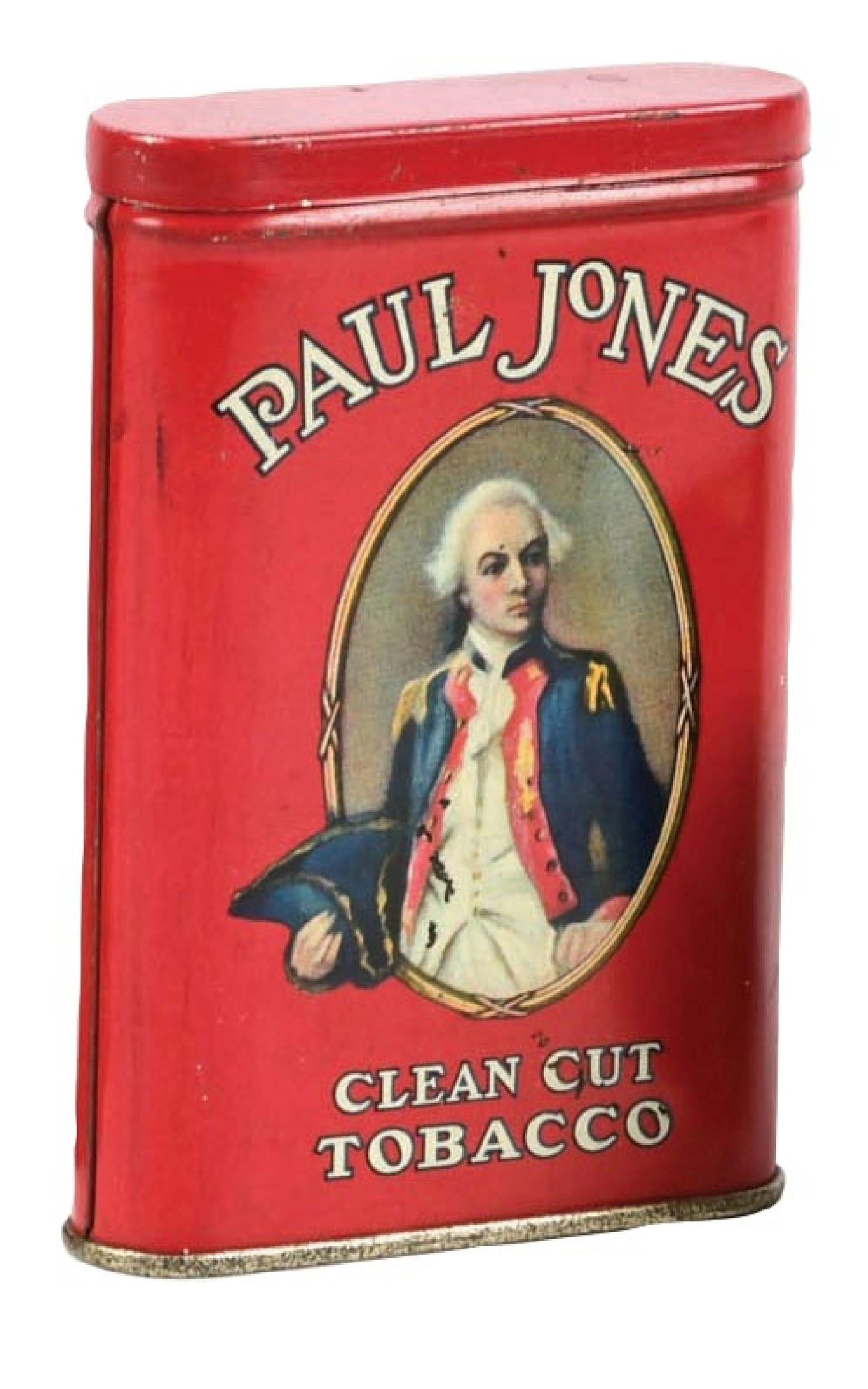 PAUL JONES CLEAN CUT TOBACCO TIN: Paul Jones tobacco tin. CONDITION: Light to moderate wear overall with some color and shine, scuffs, with light oxidation. Condition: (7.5). Dimensions: 4 - 1/2" x 3" x 7/8".