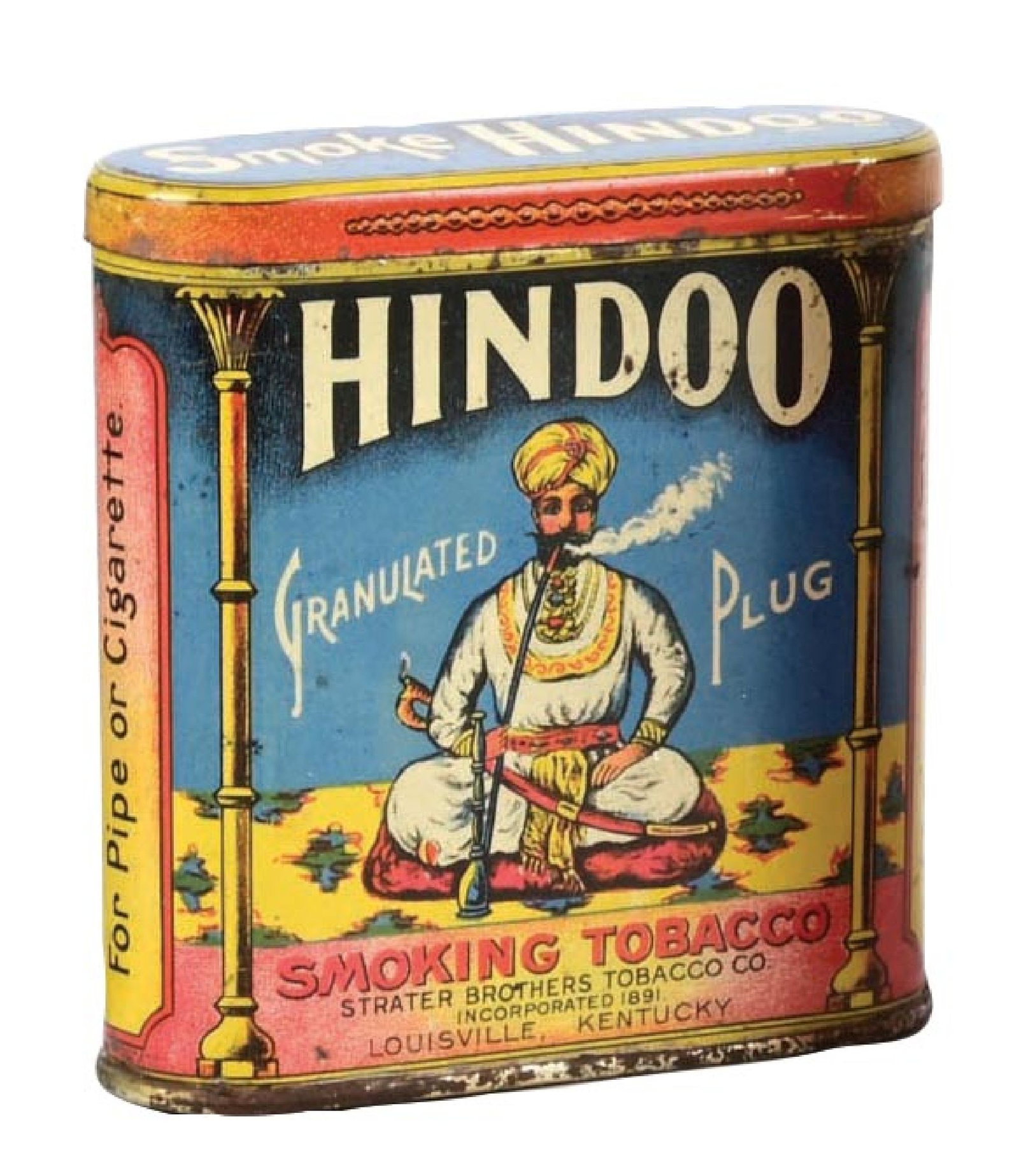 HINDOO GRANULATED PLUG TOBACCO TIN: Hindoo tobacco tin. CONDITION: Light to moderate wear overall with some color and shine, scuffs, with light oxidation. Condition: (7.5). Dimensions: 3 - 5/8" x 3 - 3/8" x 1".