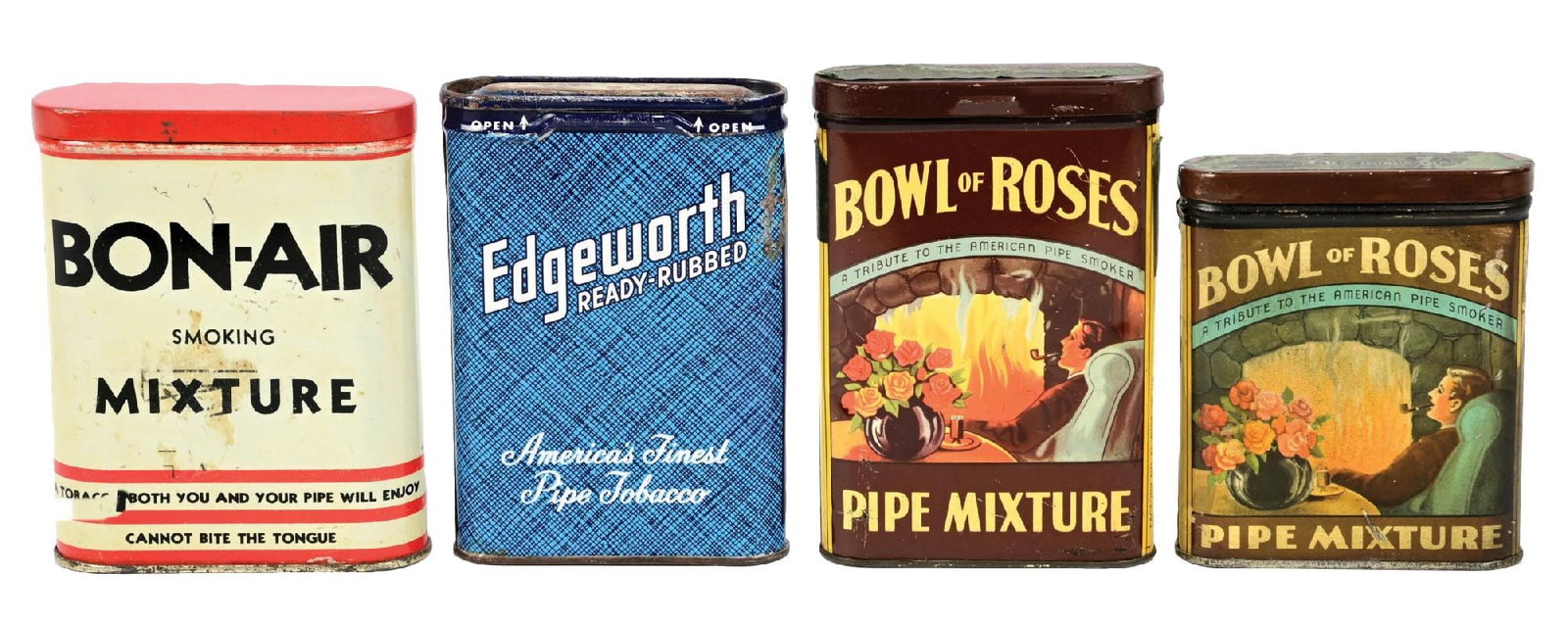 COLLECTION OF 4: POCKET TOBACCO TINS: CONDITION: (A) A Bon-Air. (B) An Edgeworth. (C) A Bowl of Roses. (D) A smaller format of Bowl of Rose pocket tin. All show light to moderate wear overall, good color and shine, areas of scuffs and