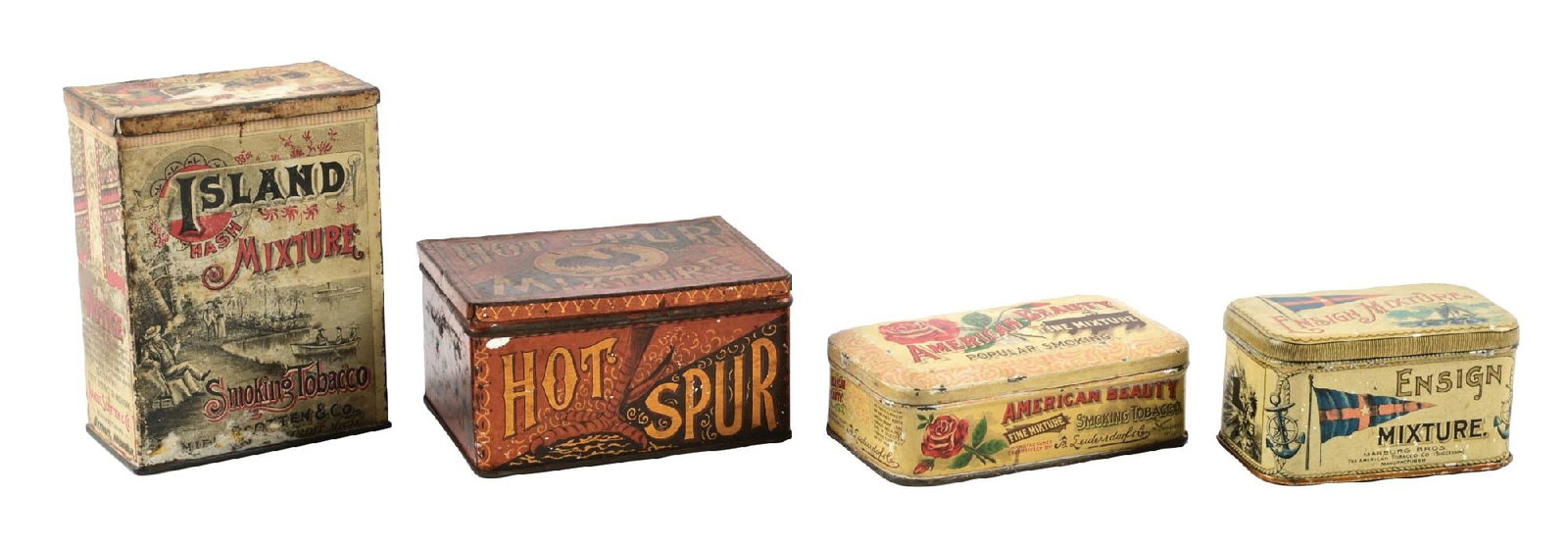 COLLECTION OF 4: FLAT TOP TOBACCO TINS: Consisting of a Scotten's Island Mixture, an American Beauty smoking tobacco, an Ensign Mixture, and a Hot Spur Mixture flat top tobacco tin. CONDITION: Areas of missing paint, scuffs, and scrapes,
