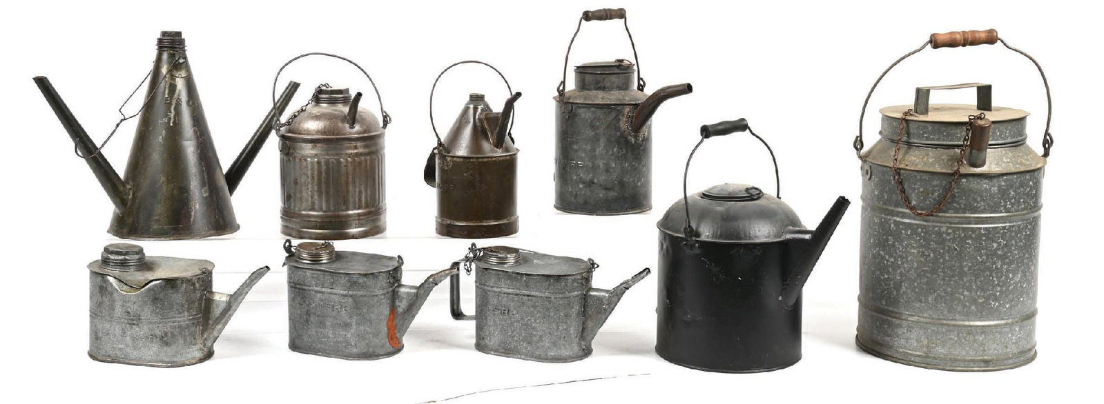 LOT OF 11: ASSORTED RAILROAD TINWARE & MISC.: Includes: a large galvanized can, probably 3 gallon, nicely embossed on the body “N&W RY”, chained lid and filler cap are intact (7.0); 3 filler cans in various conditions, embossed on