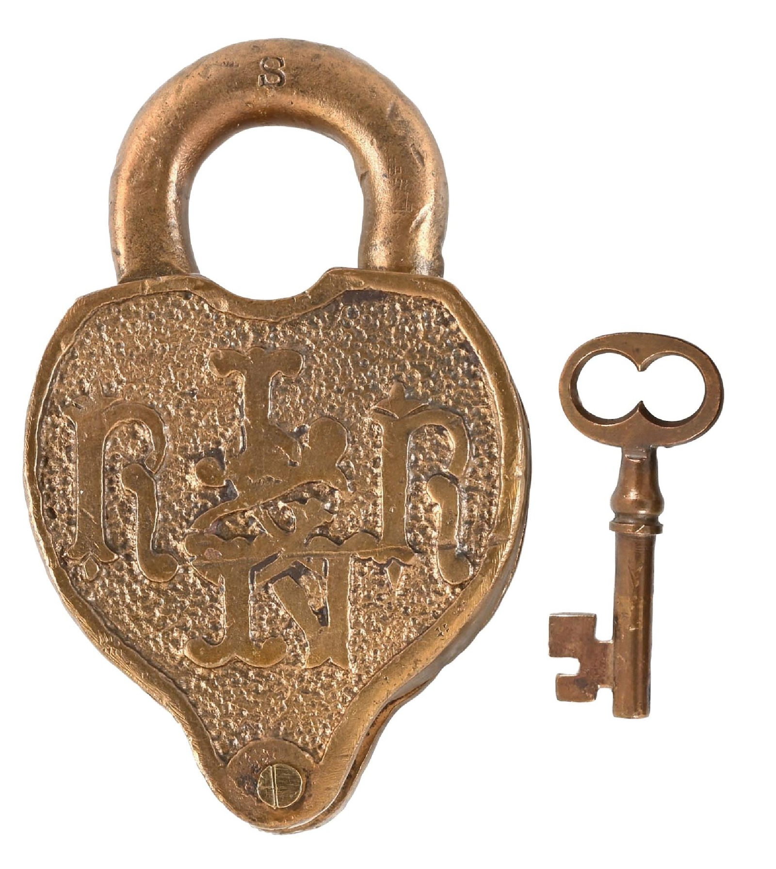 RAILROAD LOCK: A bronze switch lock made by the Post & Co., Cin. O (incised on the shackle), “S” incised on the reverse. “L&N RR” is beautifully embossed in a fancy, intertwined pattern with