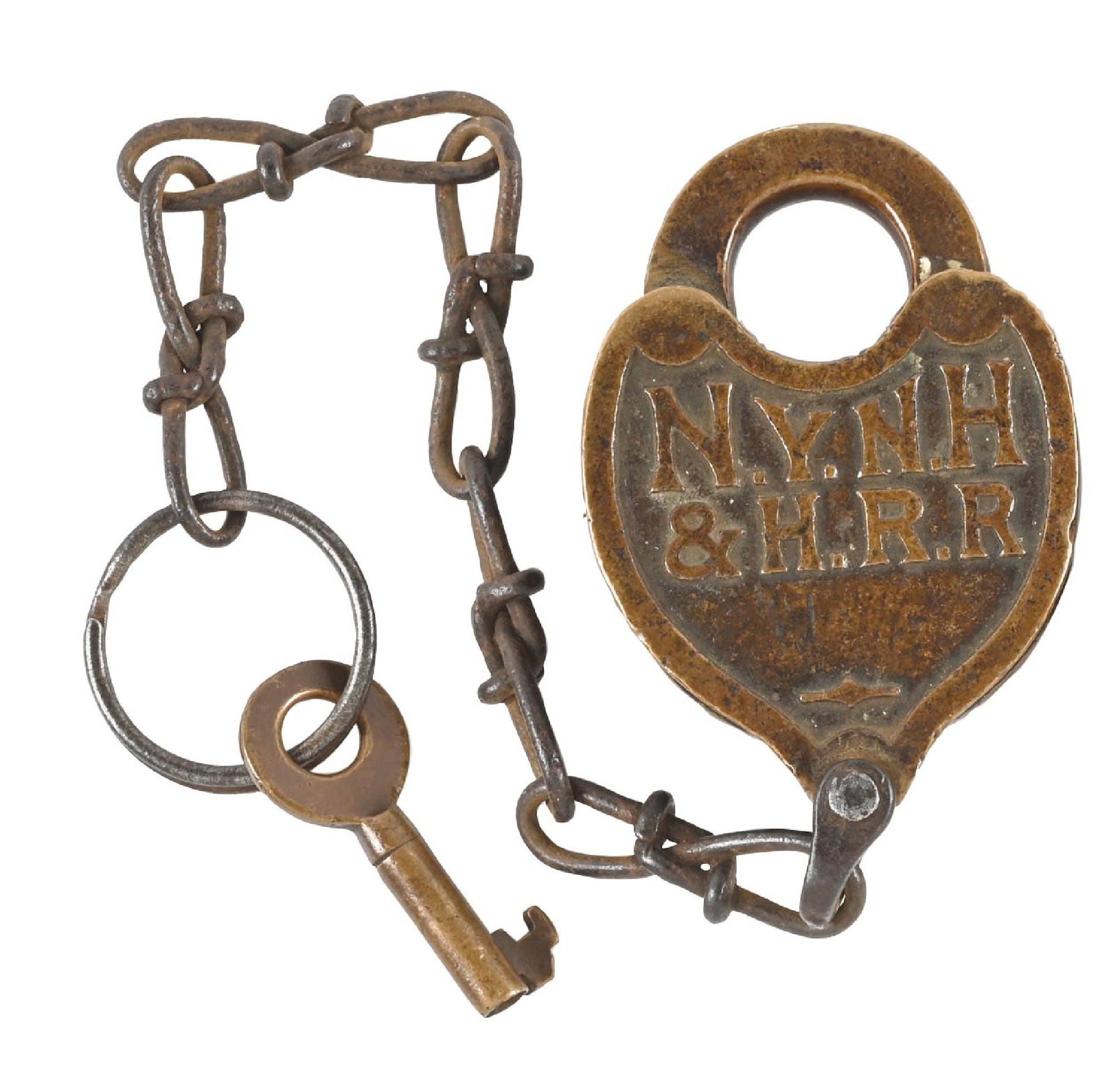 RAILROAD LOCK: A bronze, heart-shaped switch lock, nicely embossed “N.Y.N.H.&H.R.R.” on the face of this medium-sized fancy back. “O C S” is incised on the shackle. The dust cover spring