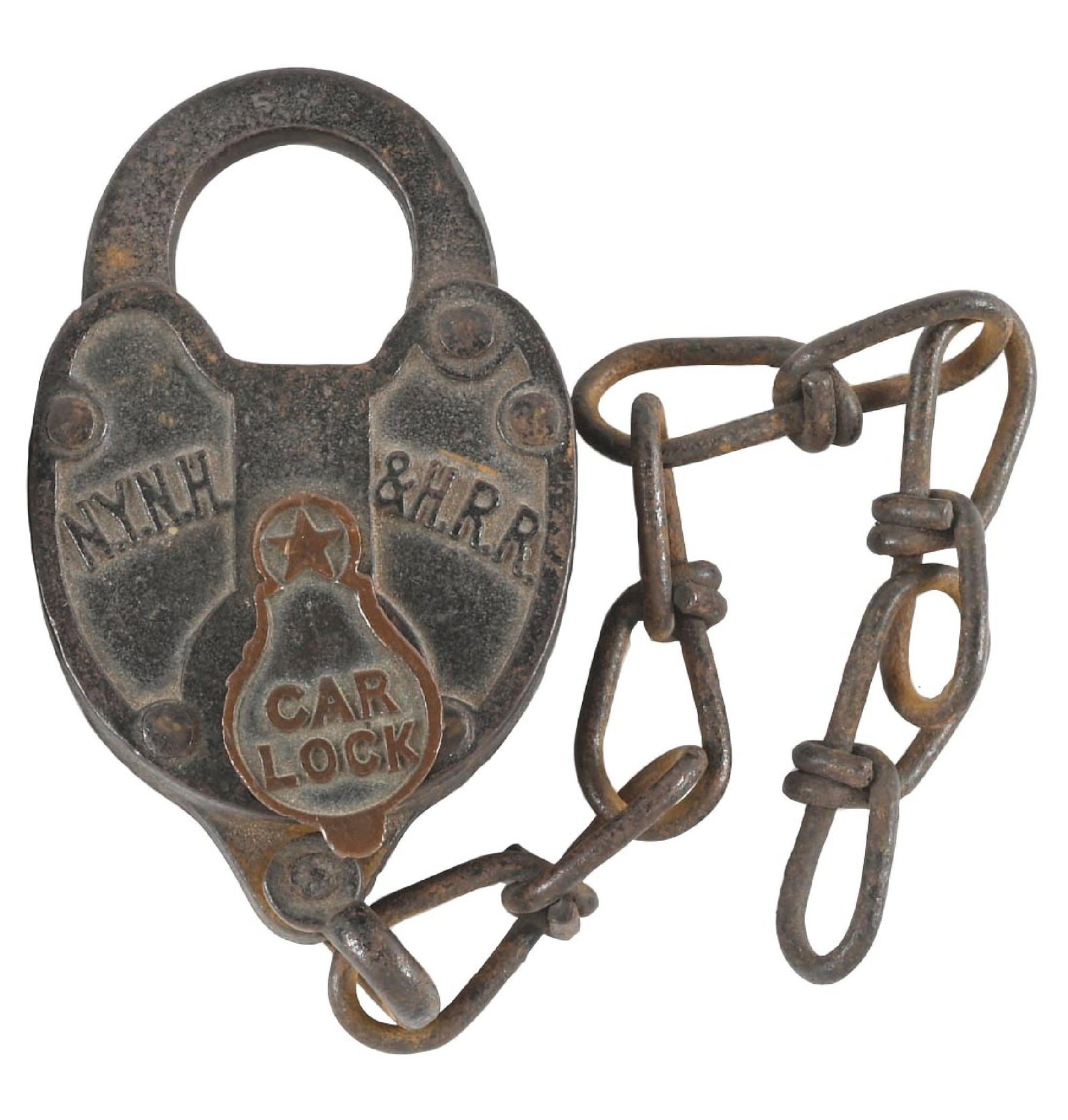 RAILROAD LOCK: A cast iron Car Lock, nicely embossed “N.Y.N.H.&H.R.R.” in an arc on the lock face. The teardrop-shaped dust cover is not sprung, and is nicely embossed with a star and “CAR