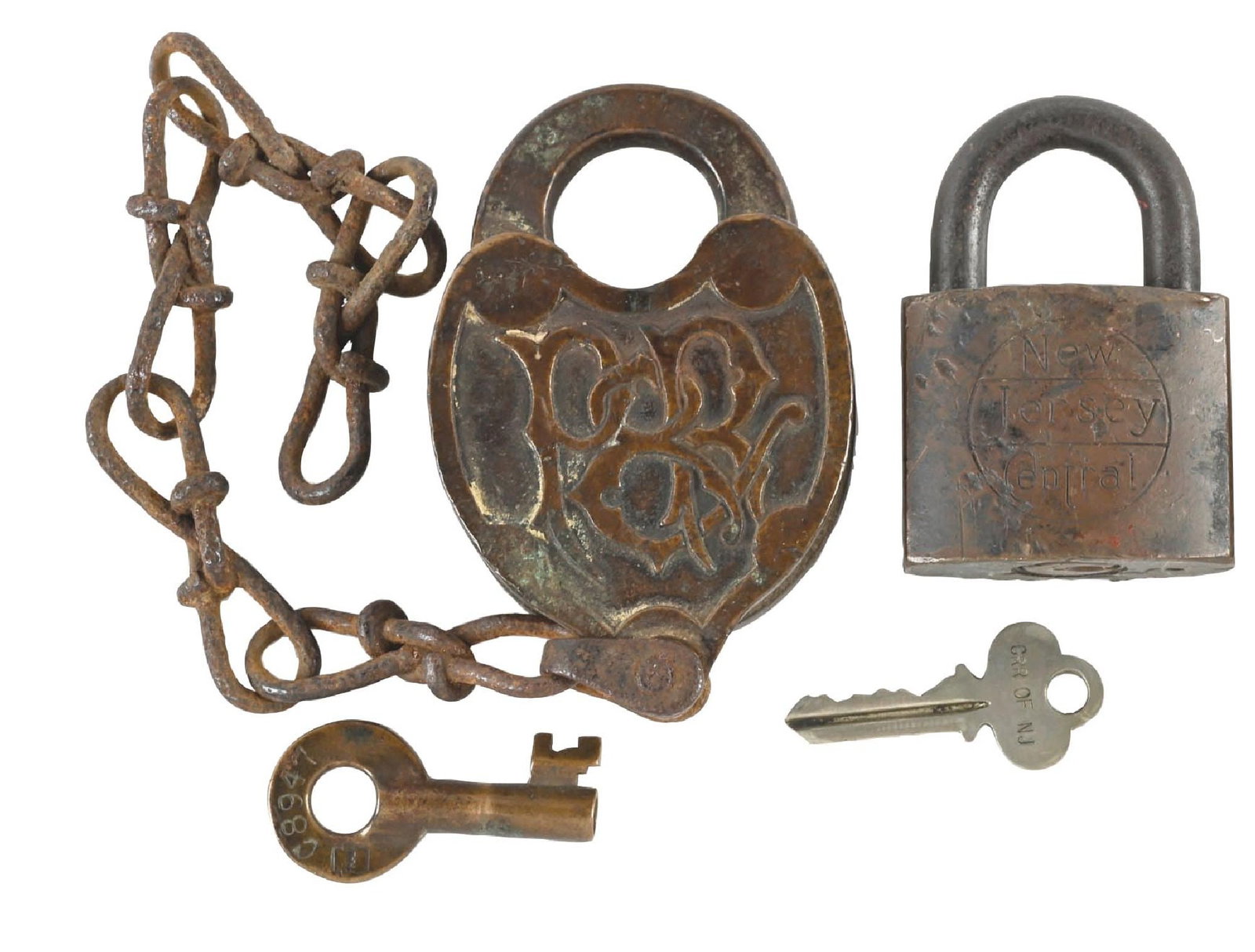 LOT OF 2: RAILROAD LOCKS: (A) A brass, fancy back heart-shaped switch lock made by Fraim with a 1903 date. “P&R” is beautifully embossed in fancy intertwine on the back face. The dust cover spring is functioning pr
