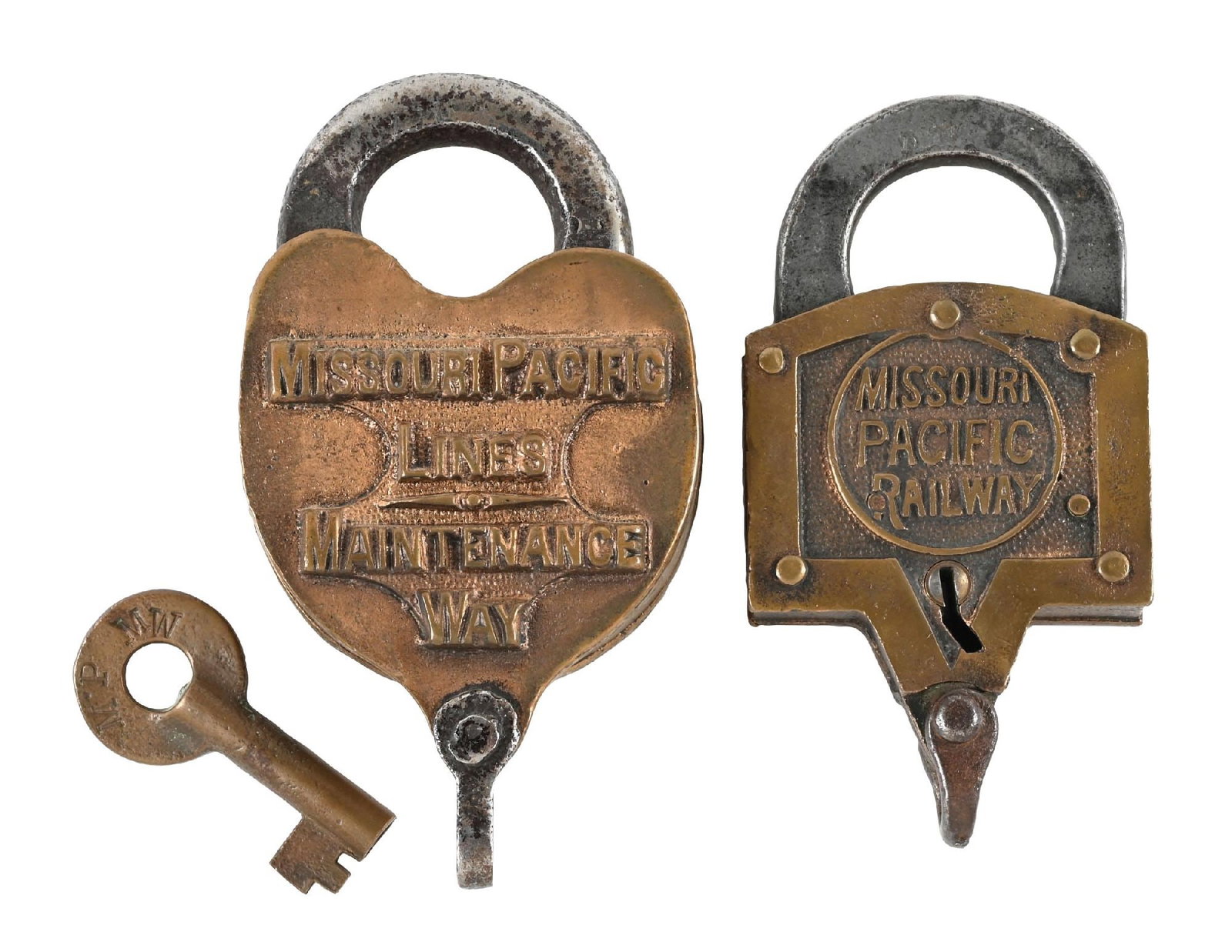 LOT OF 2: RAILROAD LOCKS: (A) A bronze heart-shaped switch lock, nicely embossed “MISSOURI PACIFIC LINES MAINTENANCE WAY” on the back face. There is no maker’s hallmark on the lock body. The dust cover