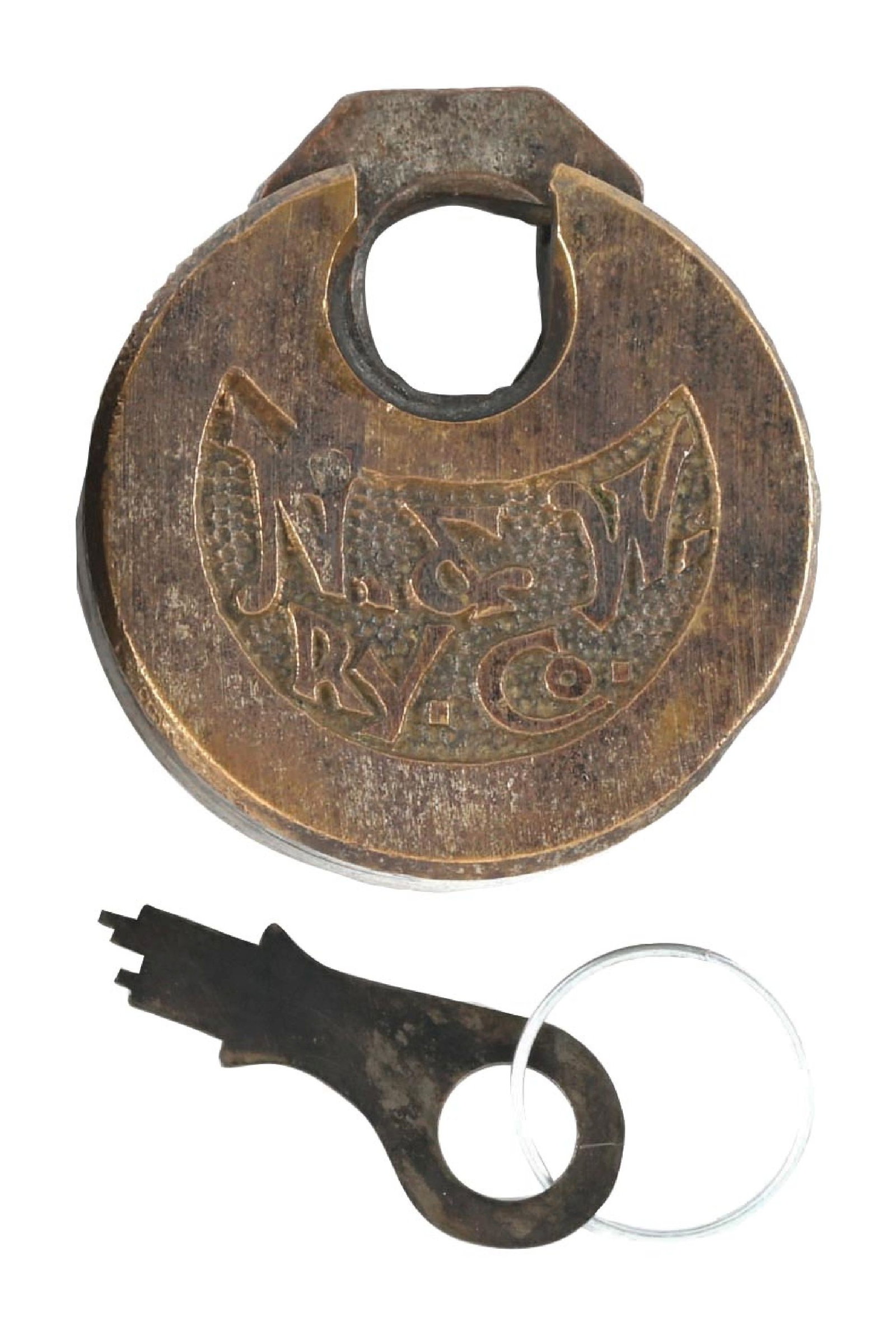 RAILROAD LOCK: A bronze pancake lock, nicely embossed “N.&W. RY. CO.” in fancy font on a pebbled background. Included with this lock is a flat steel push key, which opens the lock. The lock shows a nice,