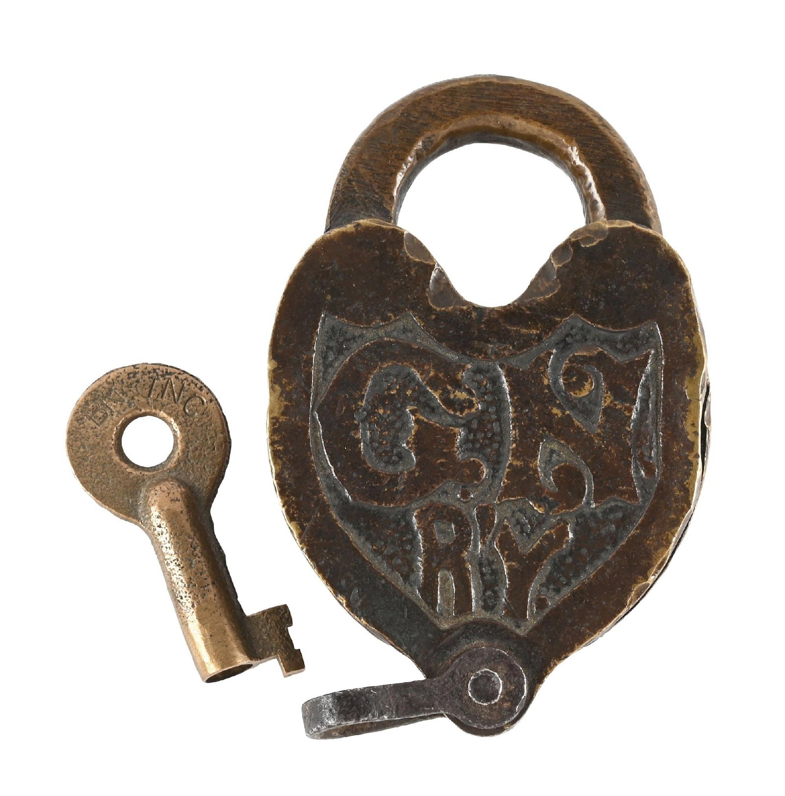 RAILROAD LOCK: A bronze heart-shaped switch lock, beautifully embossed “GN R’Y” in fancy font on a pebbled background. The dust cover spring functions properly. Included with the lock is a bronze A