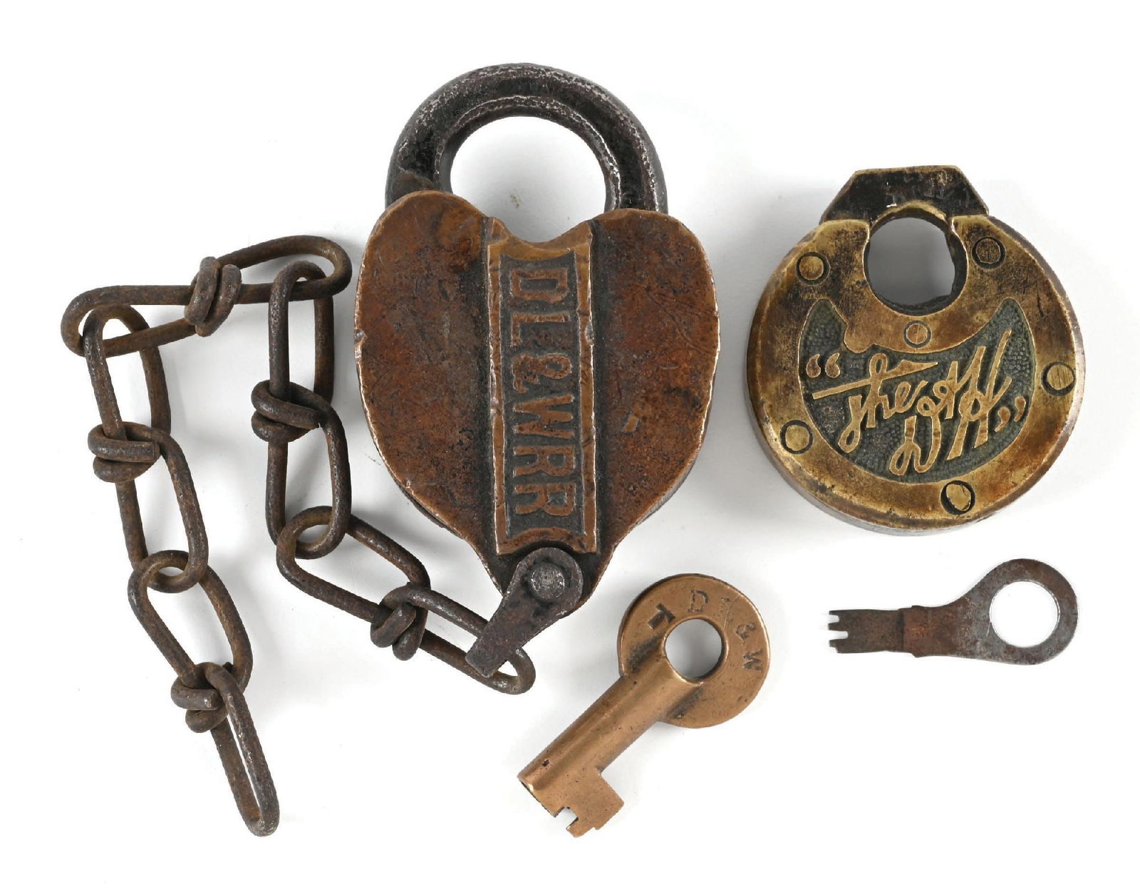 LOT OF 2: RAILROAD LOCKS: (A) A bronze heart-shaped switch lock made by Fraim, “DL&W RR” is nicely embossed on the back panel. There is an old five-link chain attached to the clevis. Included with this lock is a br