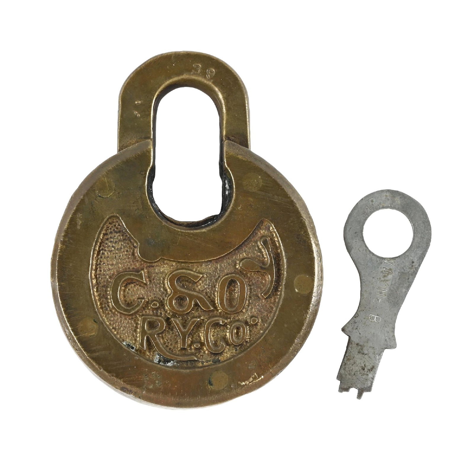RAILROAD LOCK: A real nice pancake lock, embossed “C.&O RY. Co. "on a recessed pebbled background. “39” is incised on the shackle. A flat steel push-key, incised “WAYNE B”, is included,