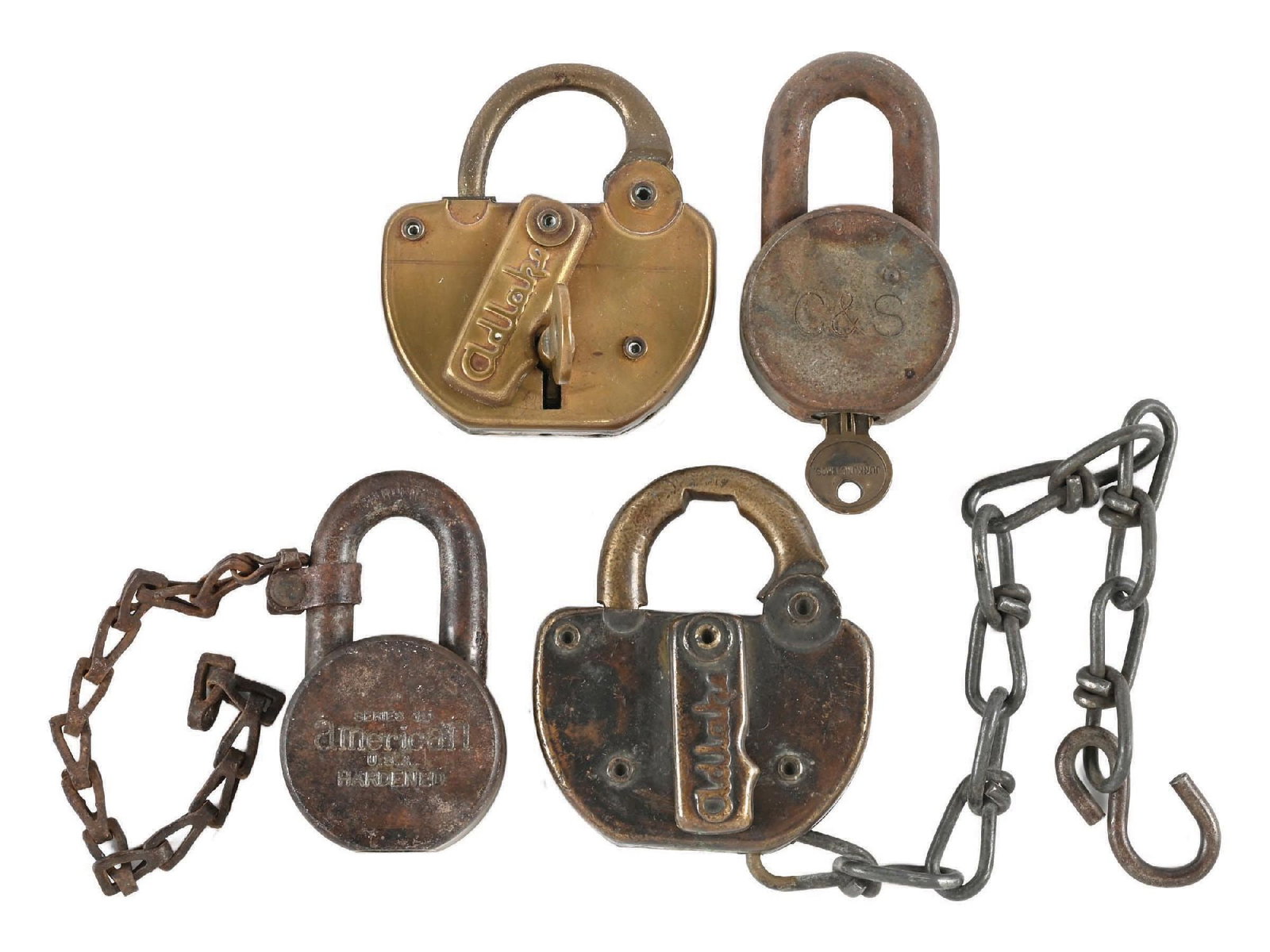 LOT OF 4: RAILROAD LOCKS: (A) A steel lock, incised “SERIES 10 AMERICAN” on the face. There is an old, flat steel chain attached. There are no railroad markings. (B) A bronze Adlake switch lock with