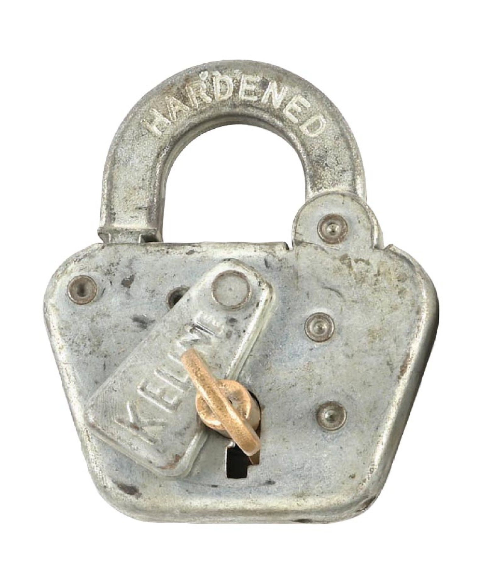 D&RGW RR LOCK AND KEY: A Keyline steel switch lock, incised “D&RGW” on the back face, “KEYLINE ELKHART IND” on the shackle. Included with the lock is a bronze Adlake switch key, incised “D&RGW 