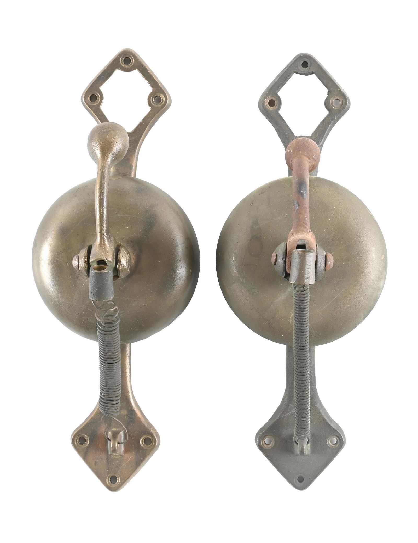 LOT OF 2: CABLE CAR BELLS: A pair of bronze and cast iron cable car bells, not marked. Condition: (Very Good). Dimensions: Each: 11 - 1/2" x 4 - 1/4" x 3 - 1/2".