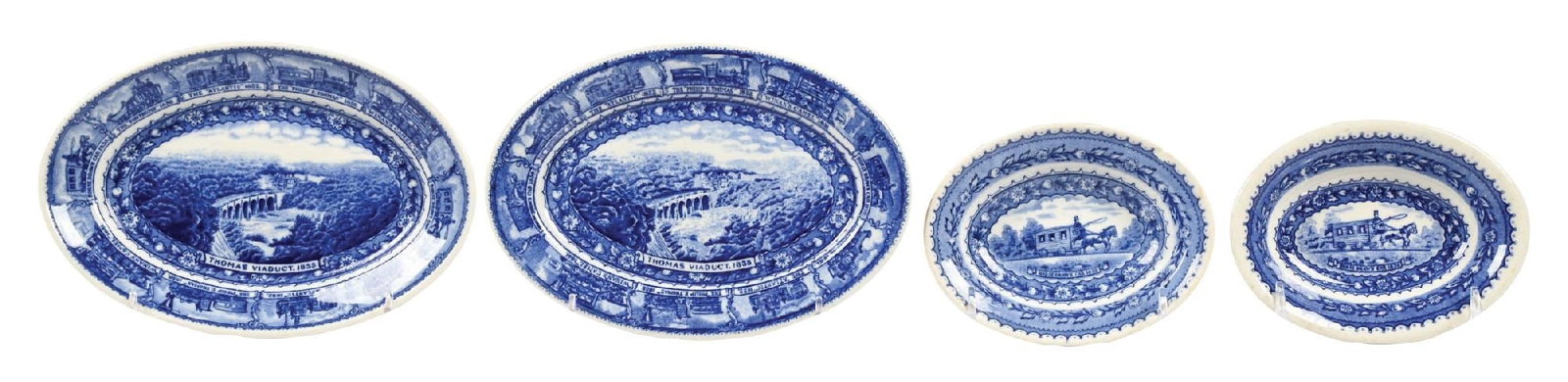 LOT OF 4: B&O DINING CAR CHINA: (A) Two oval baker dishes in the B&O Centenary pattern, with full backstamps, one made by Schammell’s Lamberton China, and the other by Sterling Lamberton, with appropriate backstamps. The