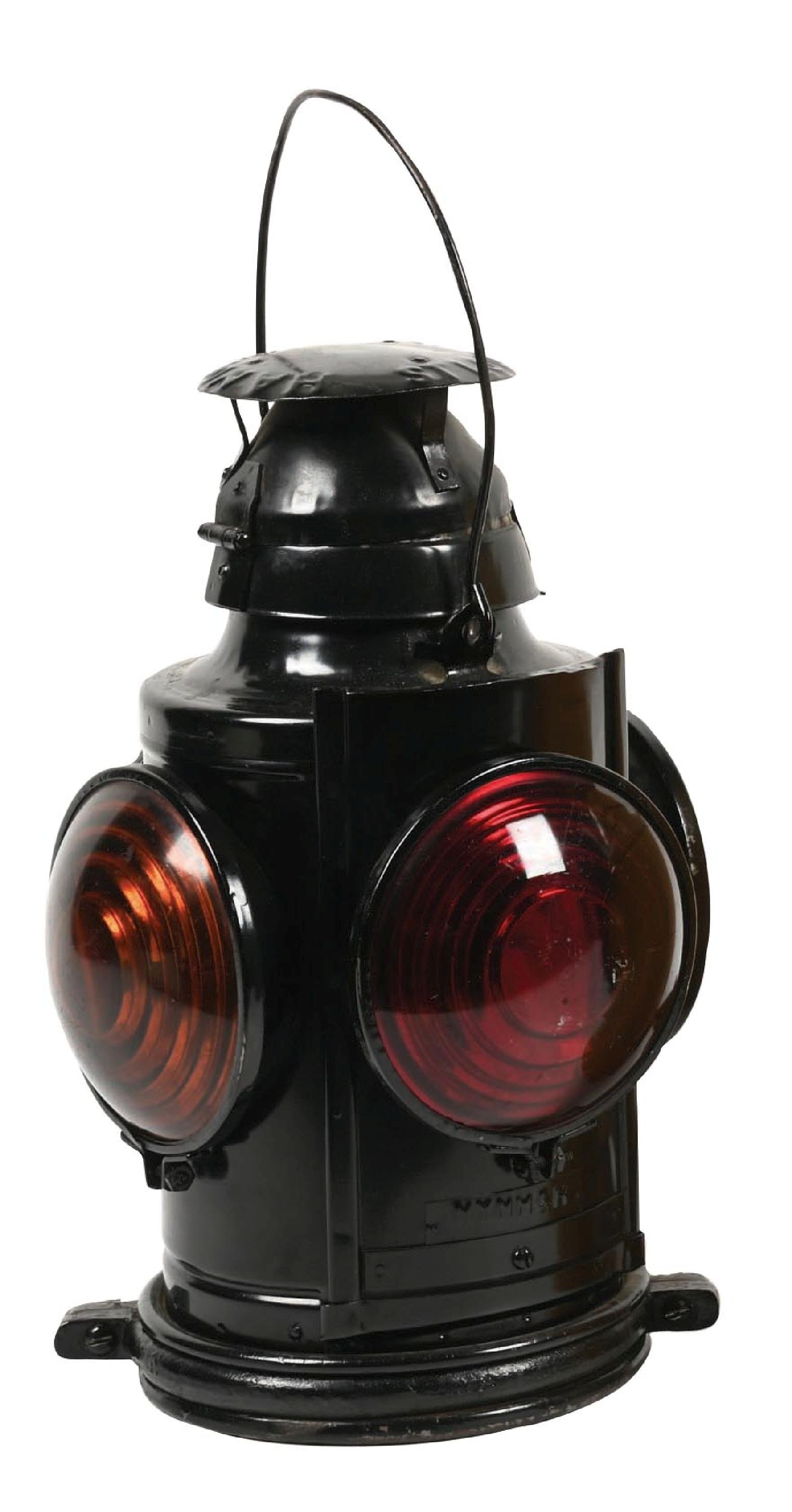 NYNH & HRR RAILROAD MARKER LAMP: A Handlan marker lamp with one red and three yellow lenses. “NYNH & H” is embossed on a tag affixed below the red lens on the sliding door. The hanging bracket is intact, as well as the co