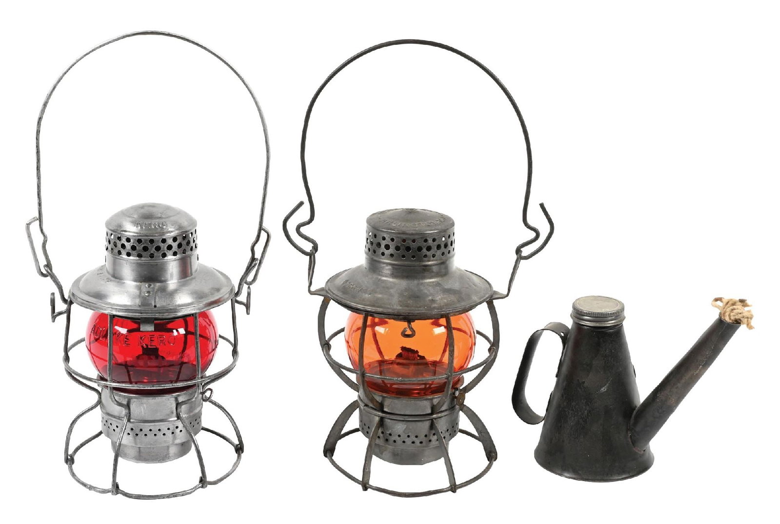 LOT OF 3: RAILROAD LANTERNS: (A) An Adlake Kero model with a 2-47 manufacture date. “D&RGW. RY. Co” is embossed on the lid reflector in very small letters. The red globe is a Corning NonEX example, nicely embossed 