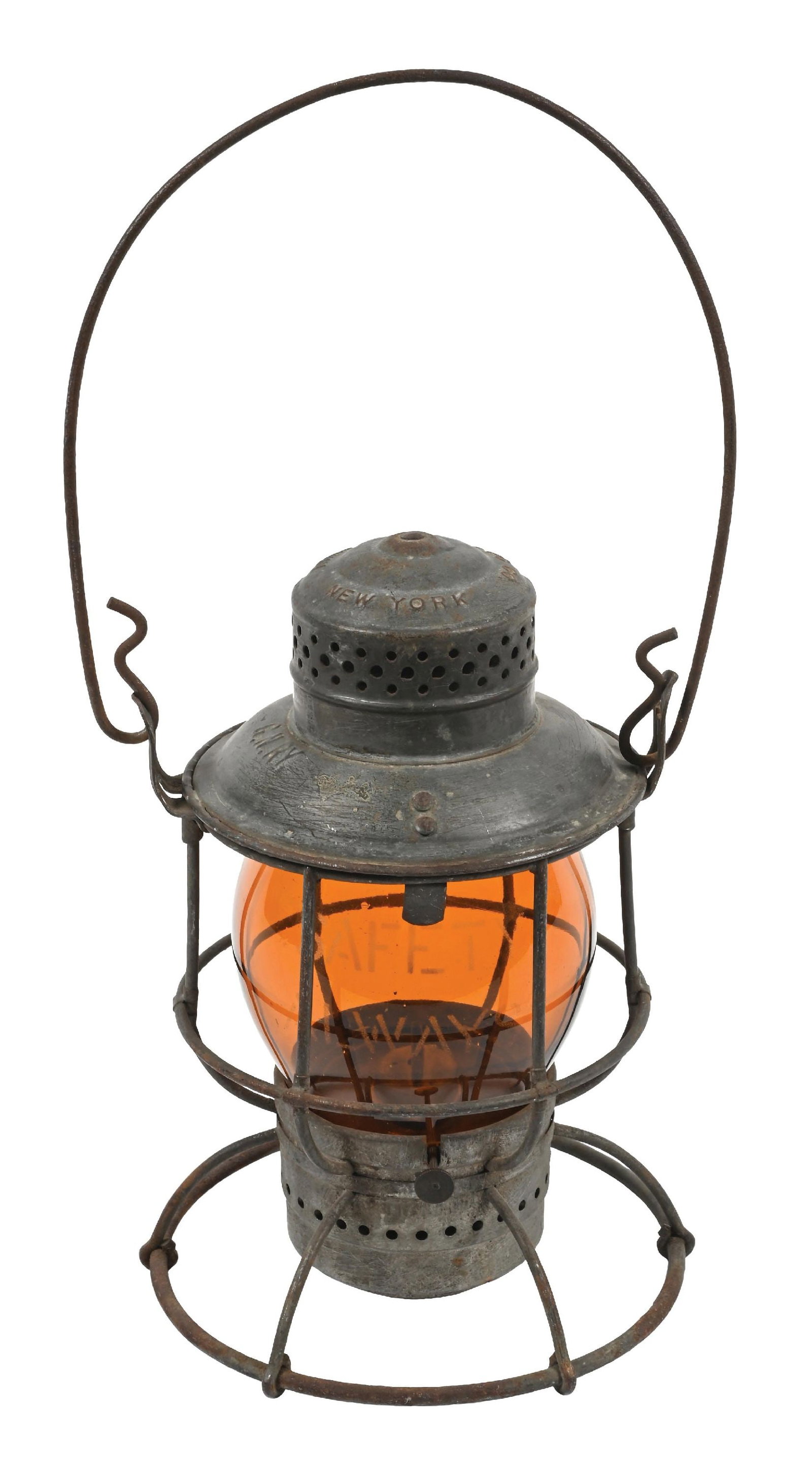 GREAT NORTHERN RAILROAD LANTERN: An Armspear Giant model, single-guard, insert fount. Nicely marked “G.N.RY.” on the lid reflector. The amber No. 39 Corning NonEX globe is nicely etched “G.N. RY” and