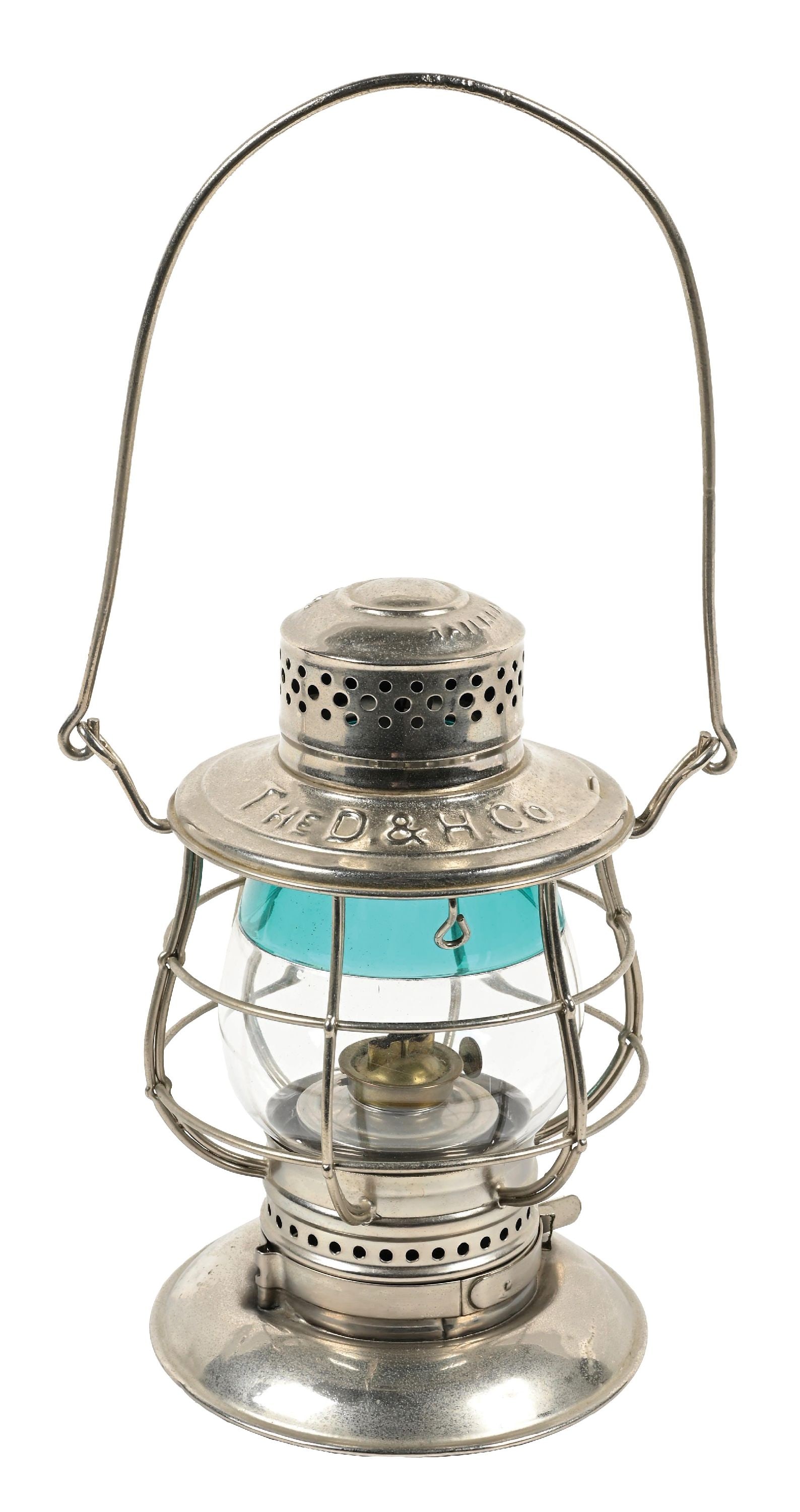 DELAWARE & HUDSON RAILROAD LANTERN: A C.T. Ham double-guard No. 39 bell-bottom model, nicely embossed “The D. & H. Co.”. “No. 39 Railroad” is embossed on the dome. The entire lantern has been nicely nickel-plated