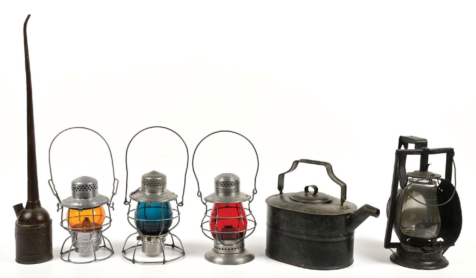 LOT OF 6: RAILROAD LANTERNS & MISC.: (A) A Dietz Acme Inspector lamp, nicely embossed “N.Y.C.R.R.” on the top handle. The clear globe is a nice Dietz Fitall-type made by Corning and nicely etched “N.Y.C.R.R.”,