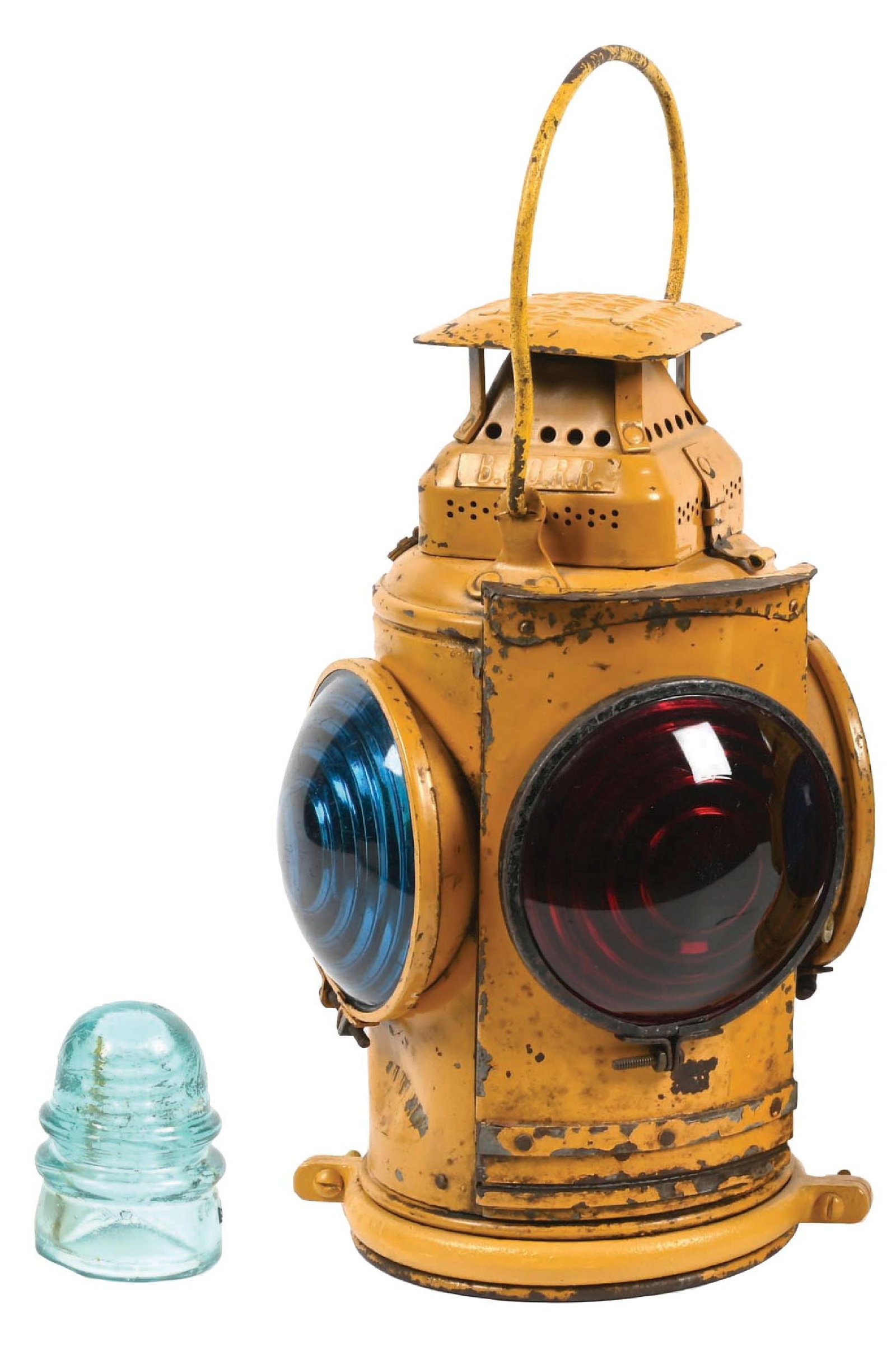 LOT OF 2: B.&O. R.R. MARKER LAMP & INSULATOR: (A) An Adlake square-top marker lamp, embossed on tag affixed to chimney “B.&O. R.R.”. Lamp shows three green and one red lens. Correct fount and burner are intact. Lamp shows old