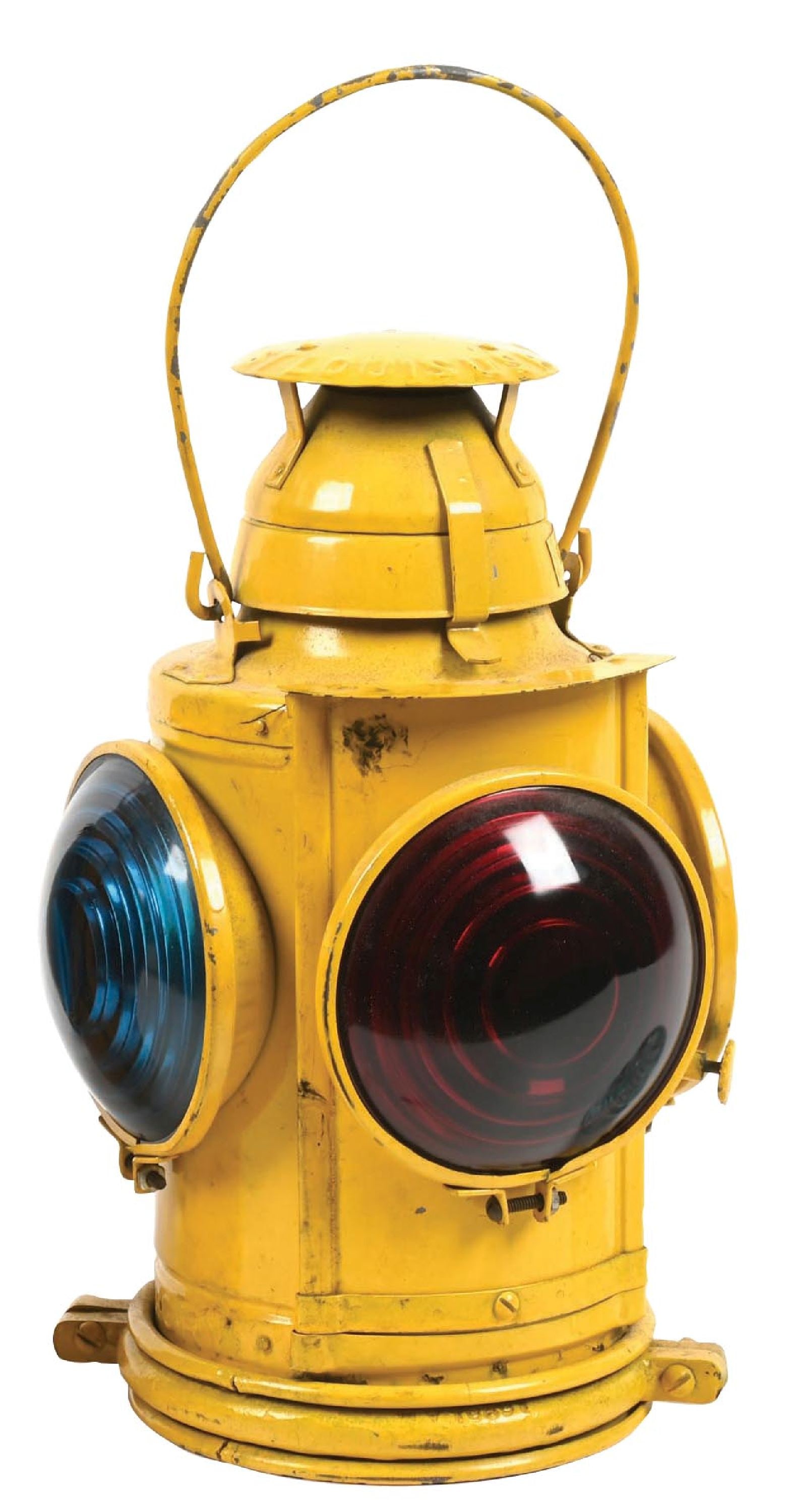 C & O. RY. RAILROAD MARKER LAMP: A Handlan round-top marker lamp. “C&O RY” is embossed on the bottom of the cylindrical body and on the chimney. Lamp has three green and one red lens. Correct fount and burner are intact.