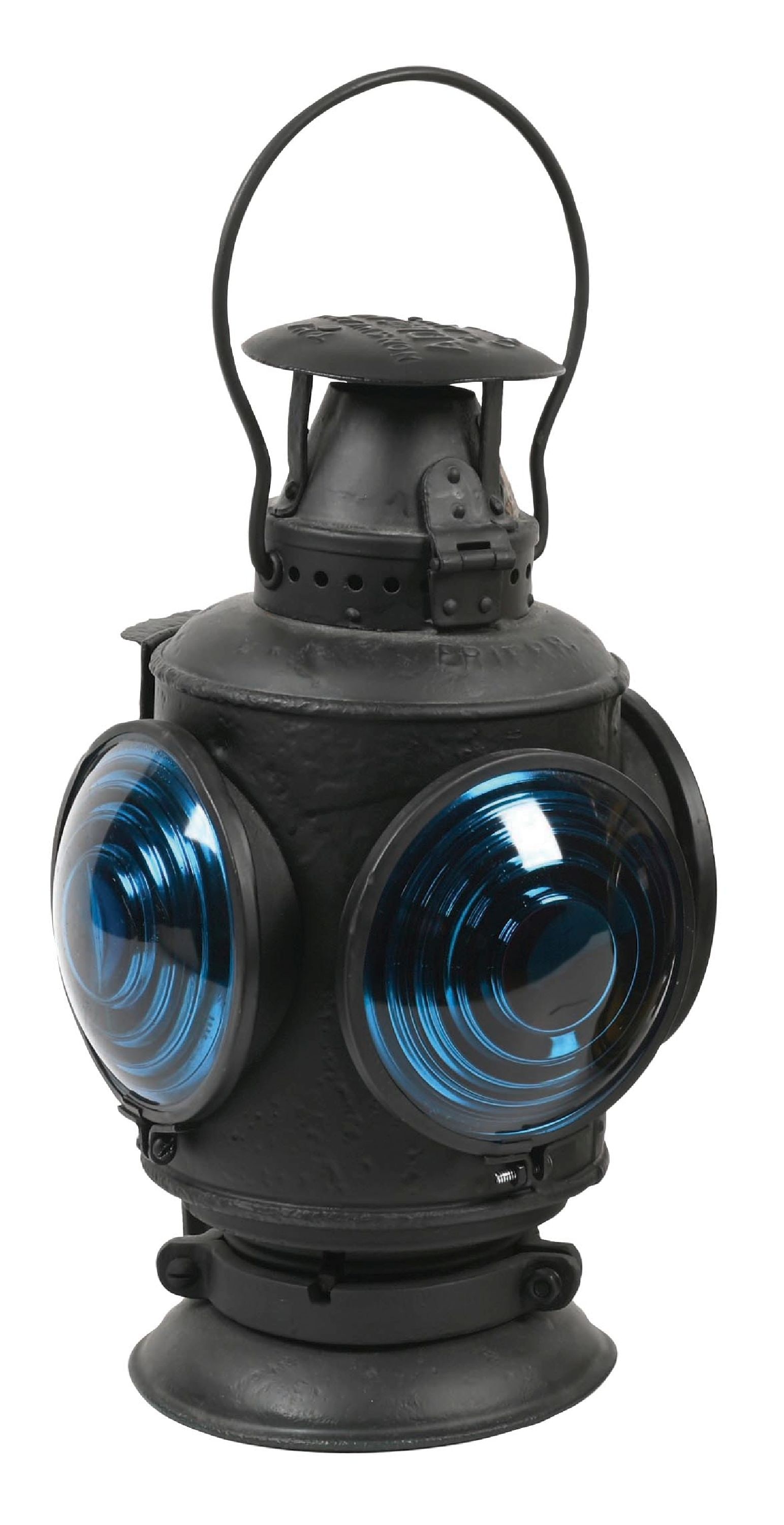 ERIE R.R. MARKER LAMP: A round-top Adlake bell-bottom marker lamp, embossed “ERIE R.R.” on the shoulder, along with “RIGHT”. The correct fount and burner, as well as the fork mount are intact. The