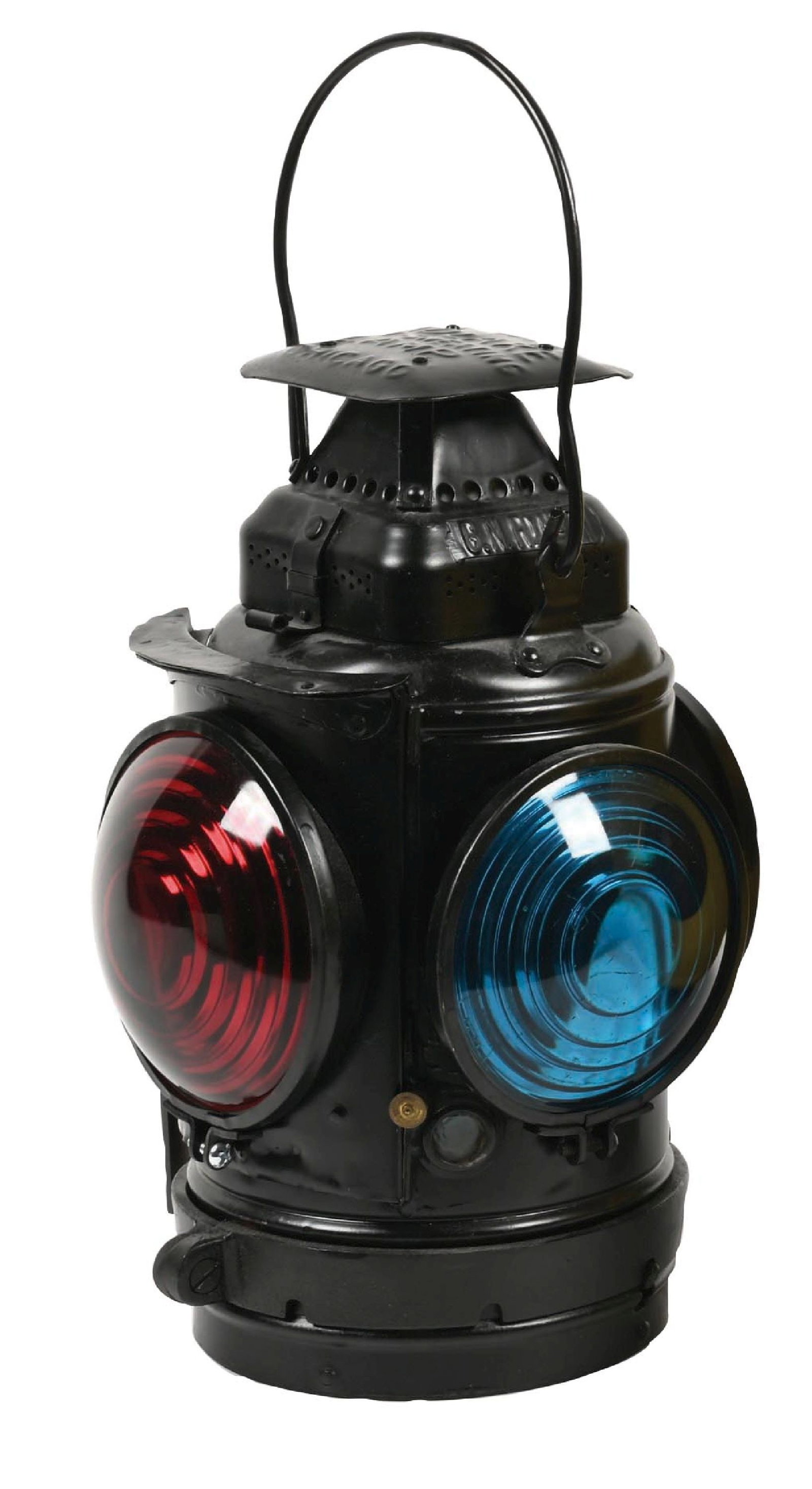 GREAT NORTHERN RY MARKER LAMP: A Great Northern square top marker lamp made by the Adams & Westlake Co. The lamp is nicely marked “G.N. Ry. No. 7” on a tag affixed to the chimney. There are three signal green lenses
